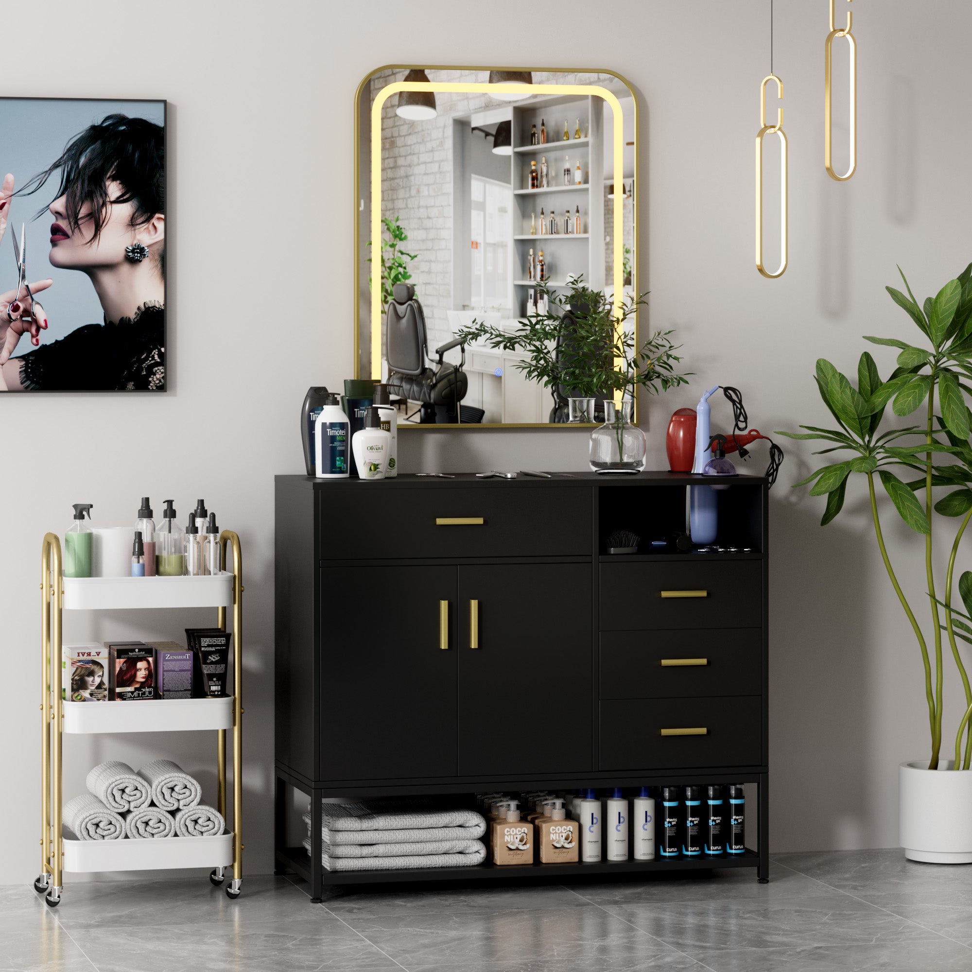Black vanity cabinet with gold accents in a room setting with decor elements.