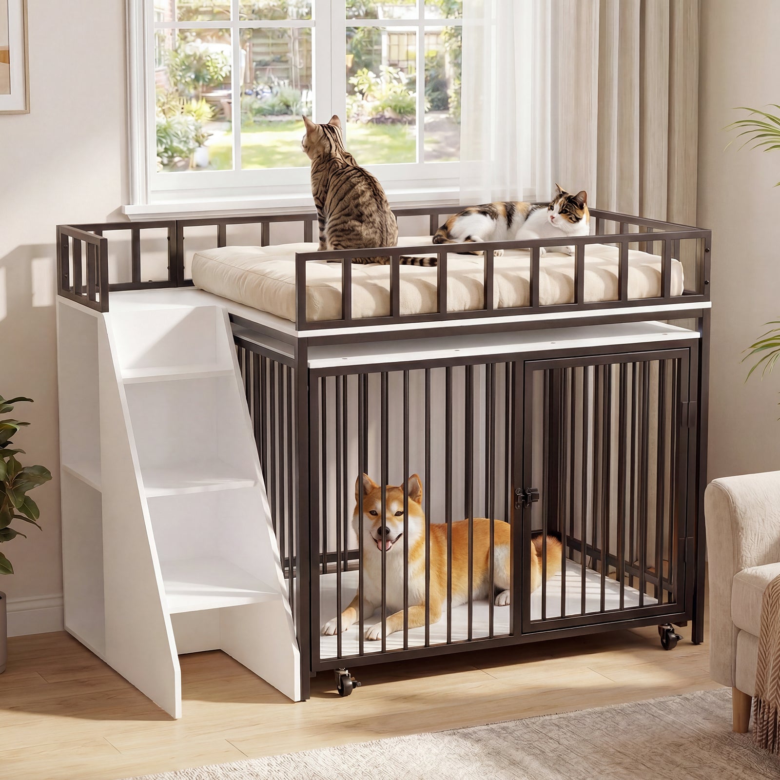 Advwin 37" Loft-Style Dog Crate with Storage Shelves