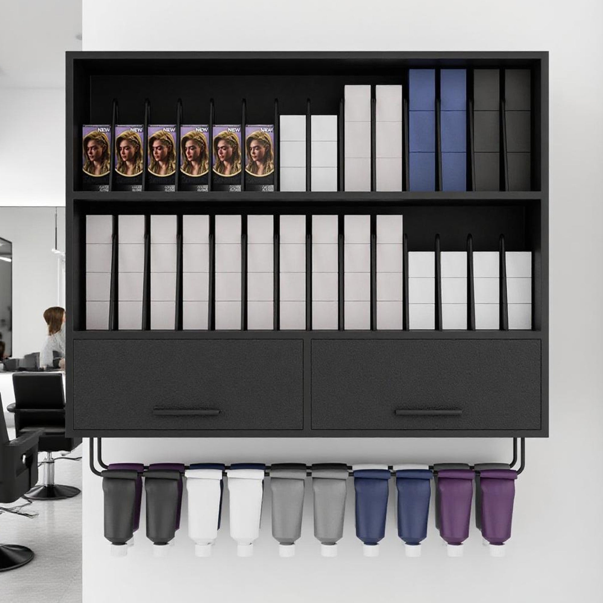 Black shelving unit with hair product bottles in a salon setting