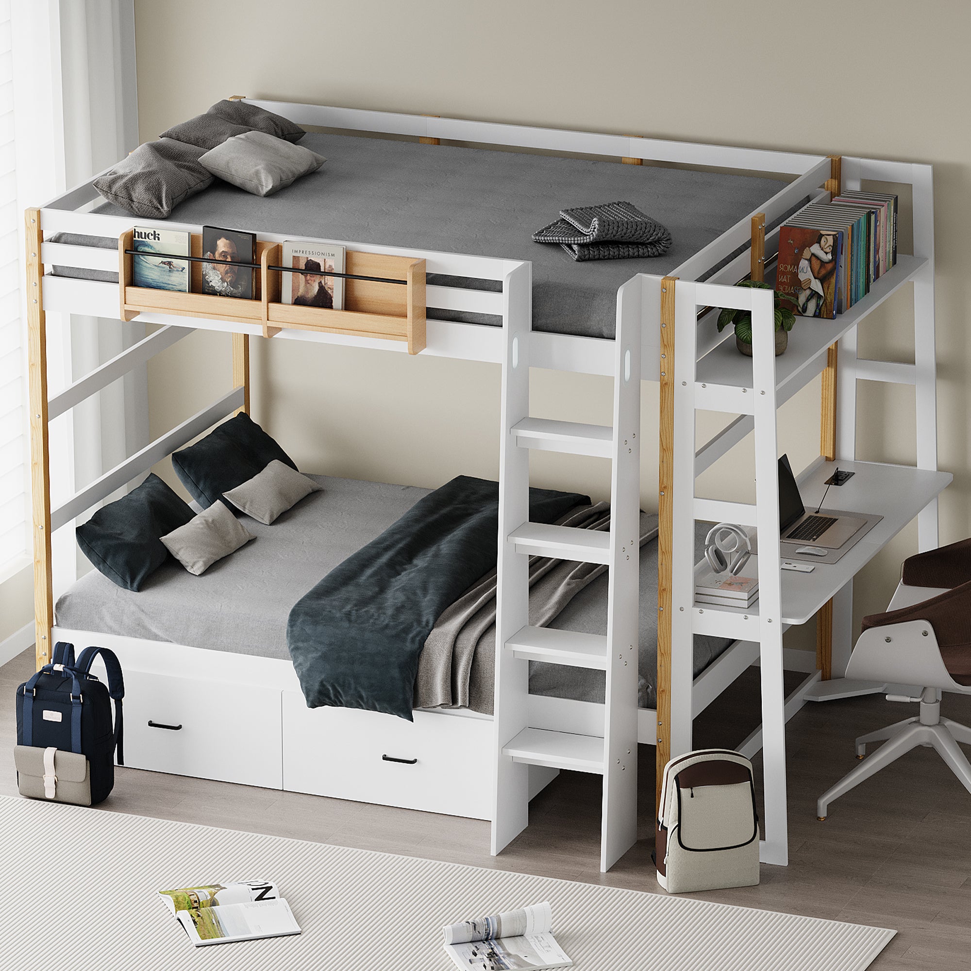 Advwin Solid Wood Bunk Bed with Desk & LED Lights