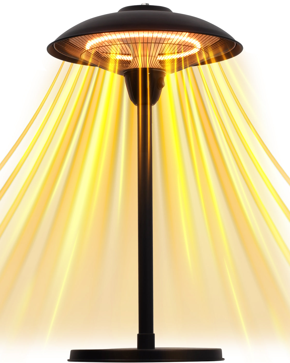 Outdoor patio heater emitting a warm glow with rays extending outward.