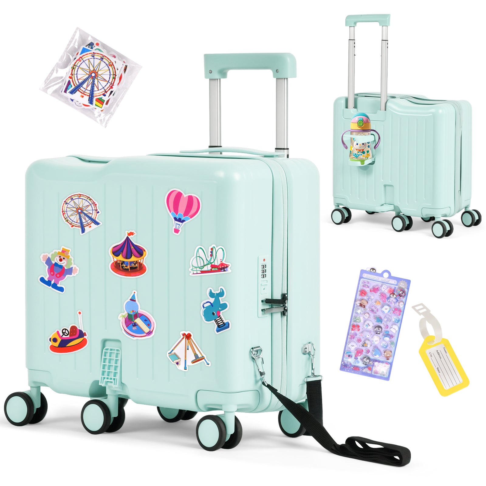 Light blue suitcase with colorful stickers, matching small suitcase, and travel accessories on a white background