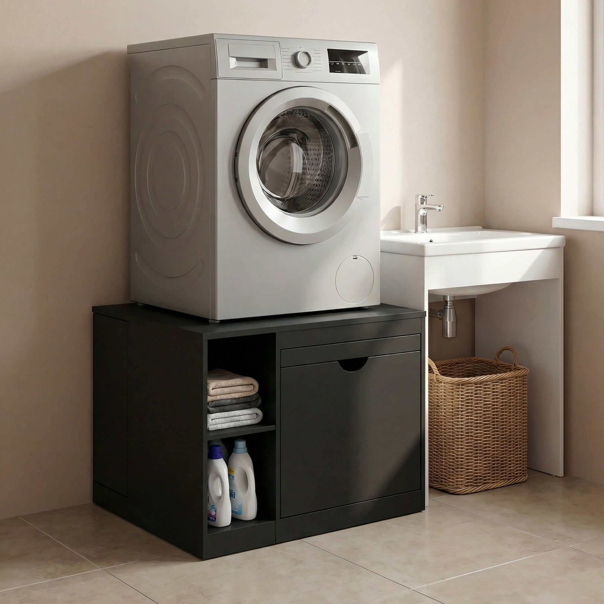 Washing machine on a black cabinet in a bathroom setting