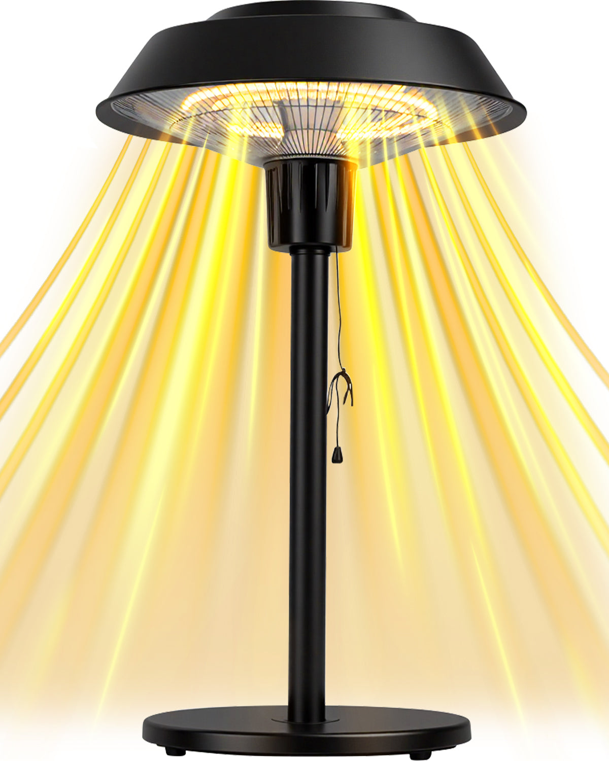 Black outdoor patio heater with glowing yellow light on a white background