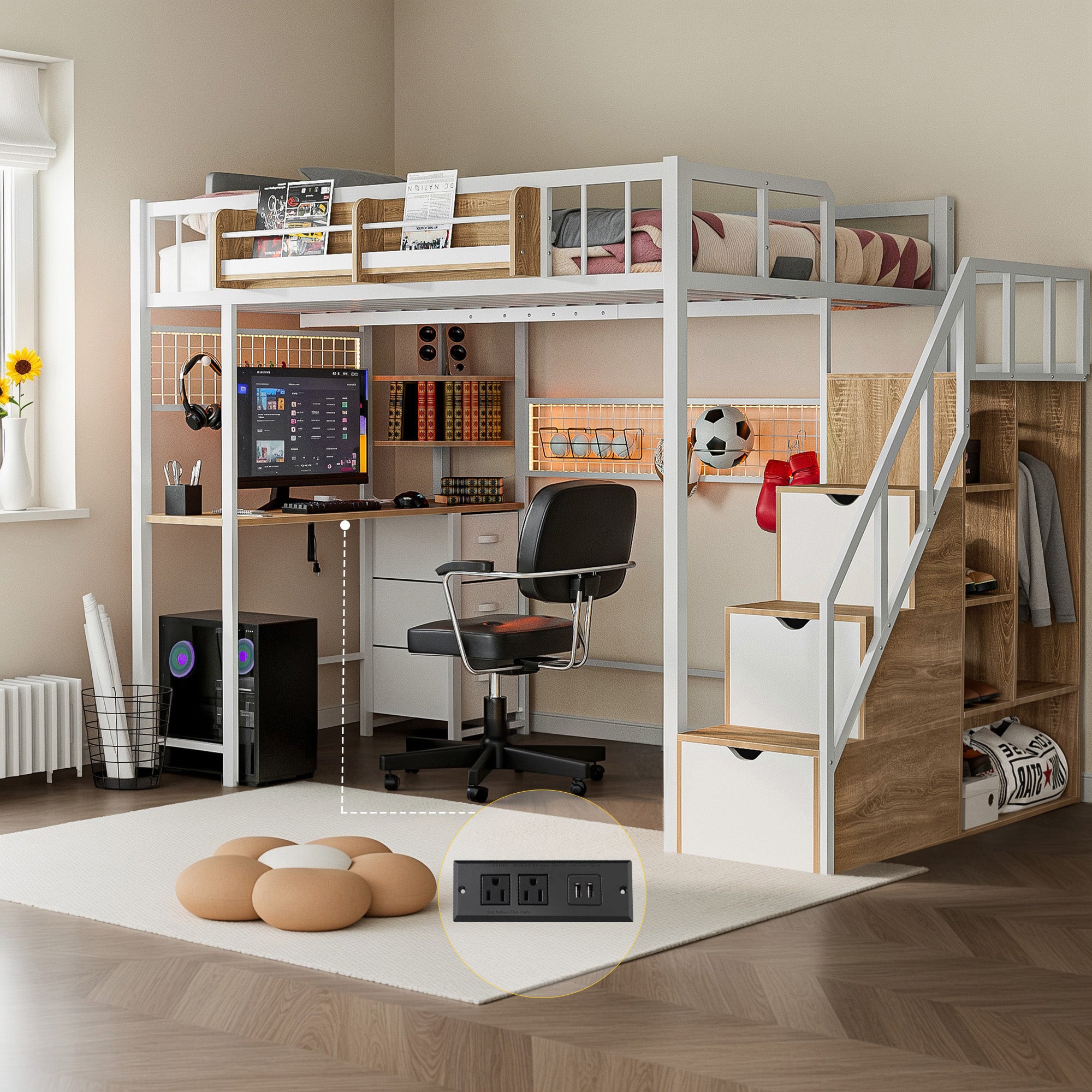 A loft bed with a built-in desk and stairs in a room, featuring a computer setup on the desk, a wardrobe, and shelves with various items.