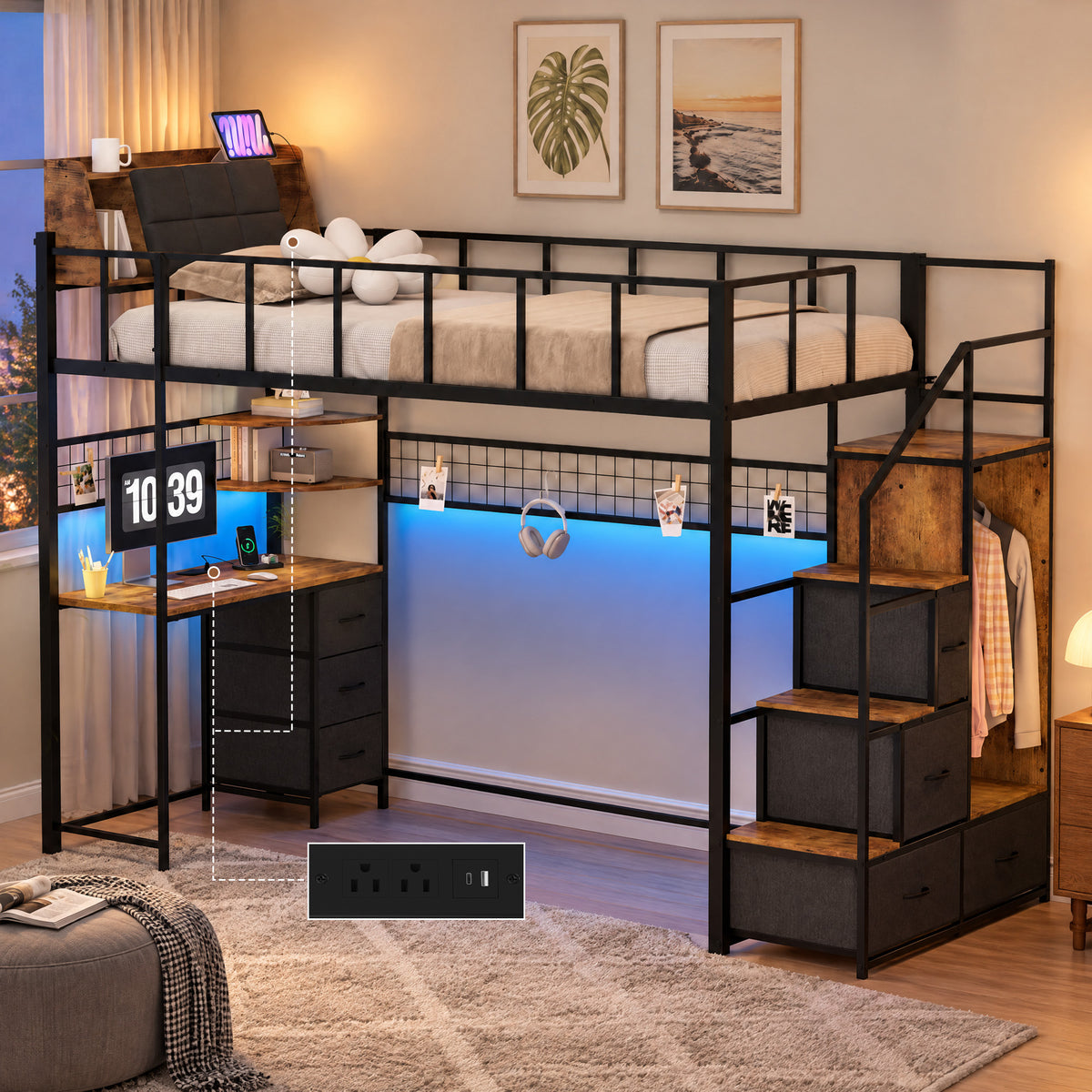 Advwin Loft Bed with Storage Headboard & Power Outlets