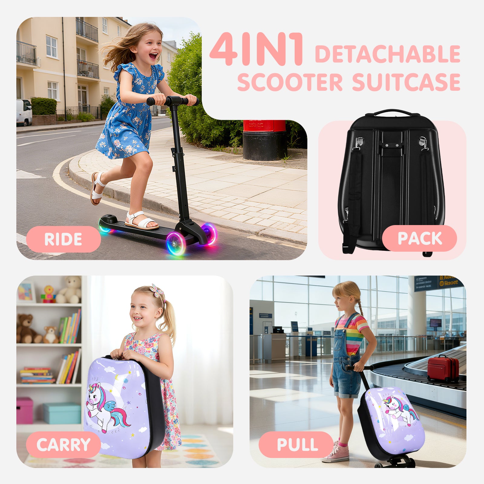 4-in-1 detachable scooter suitcase with children using it in different settings.