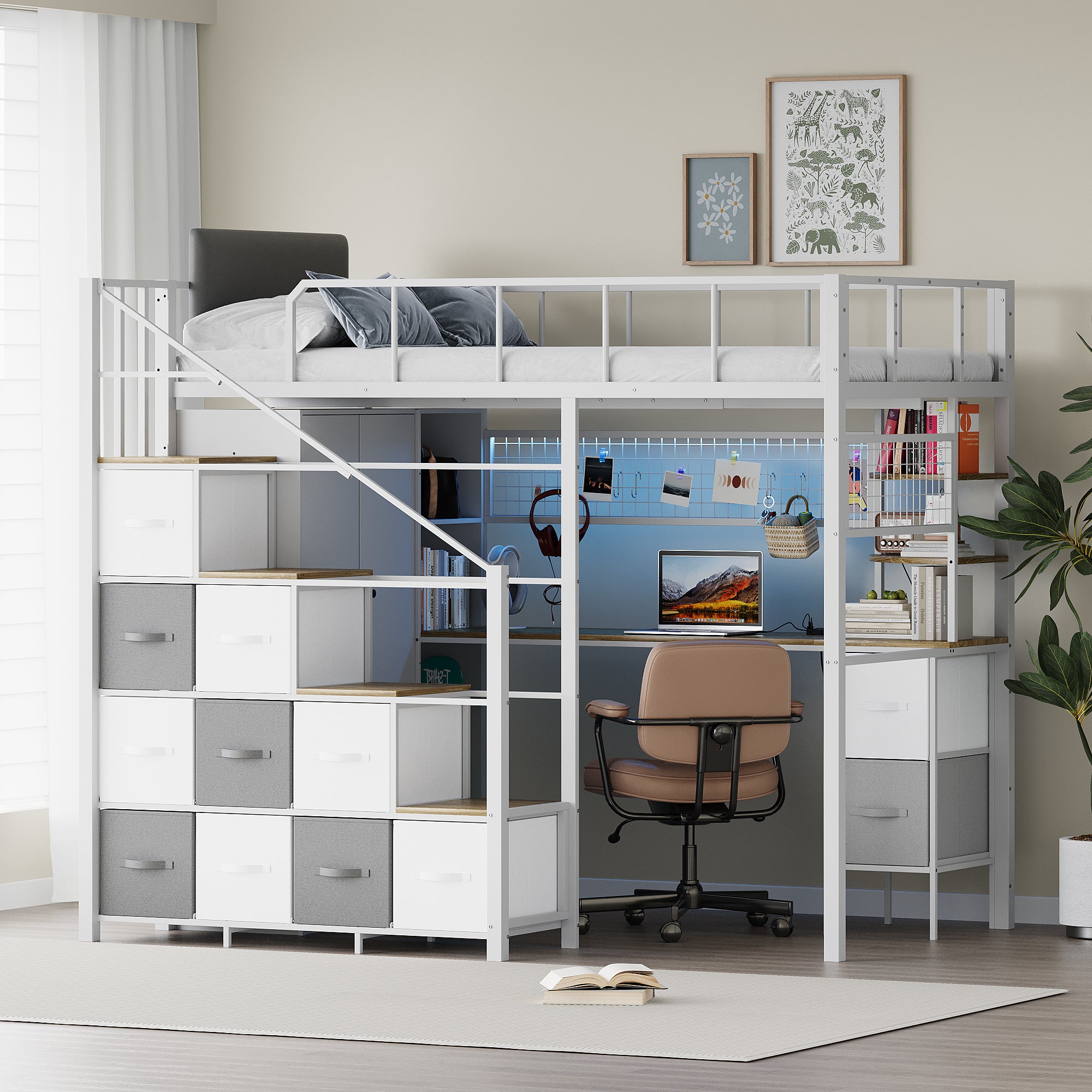 Advwin Space-Saving Loft Bed with LED Light & Drawers