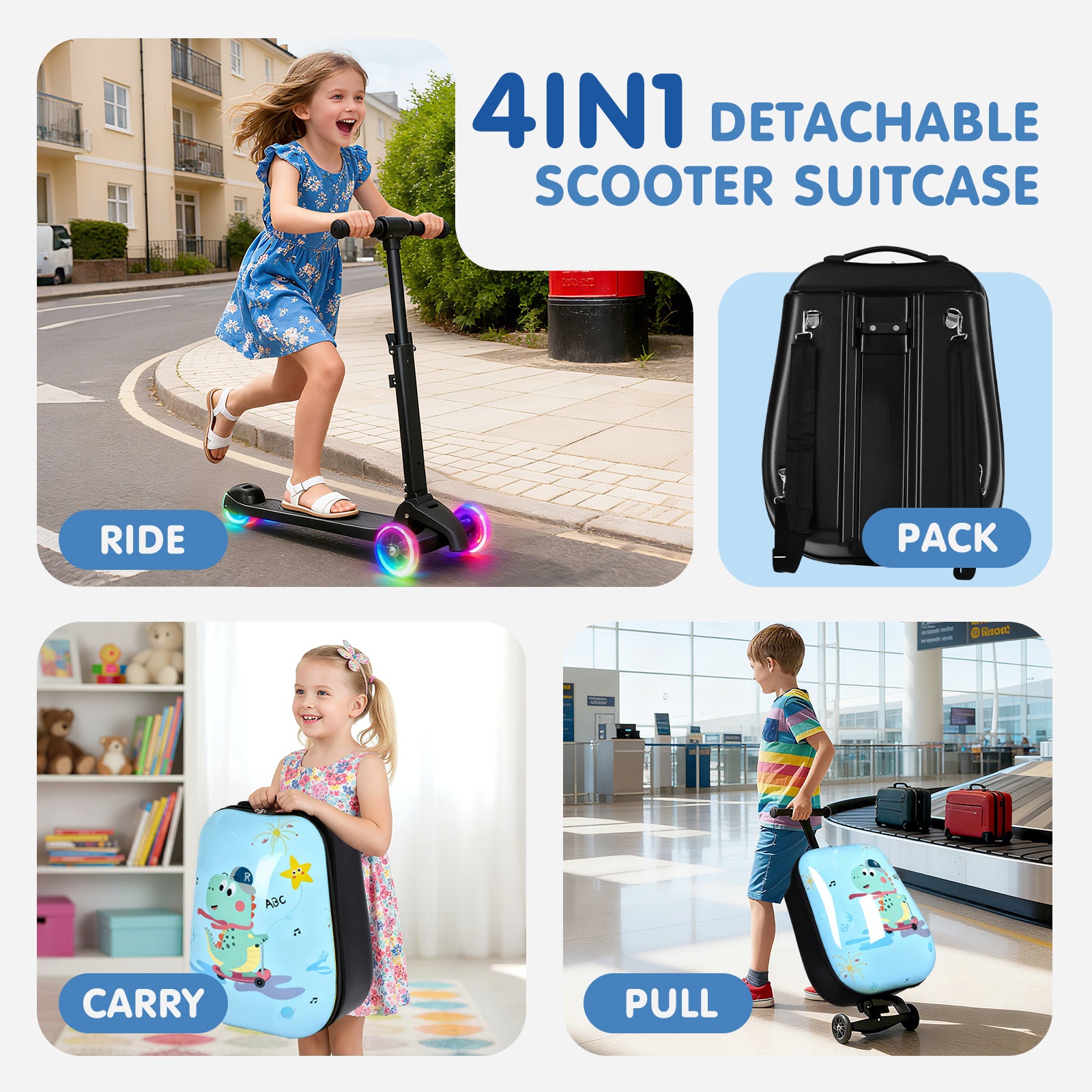 4-in-1 detachable scooter suitcase with children using it in various settings.