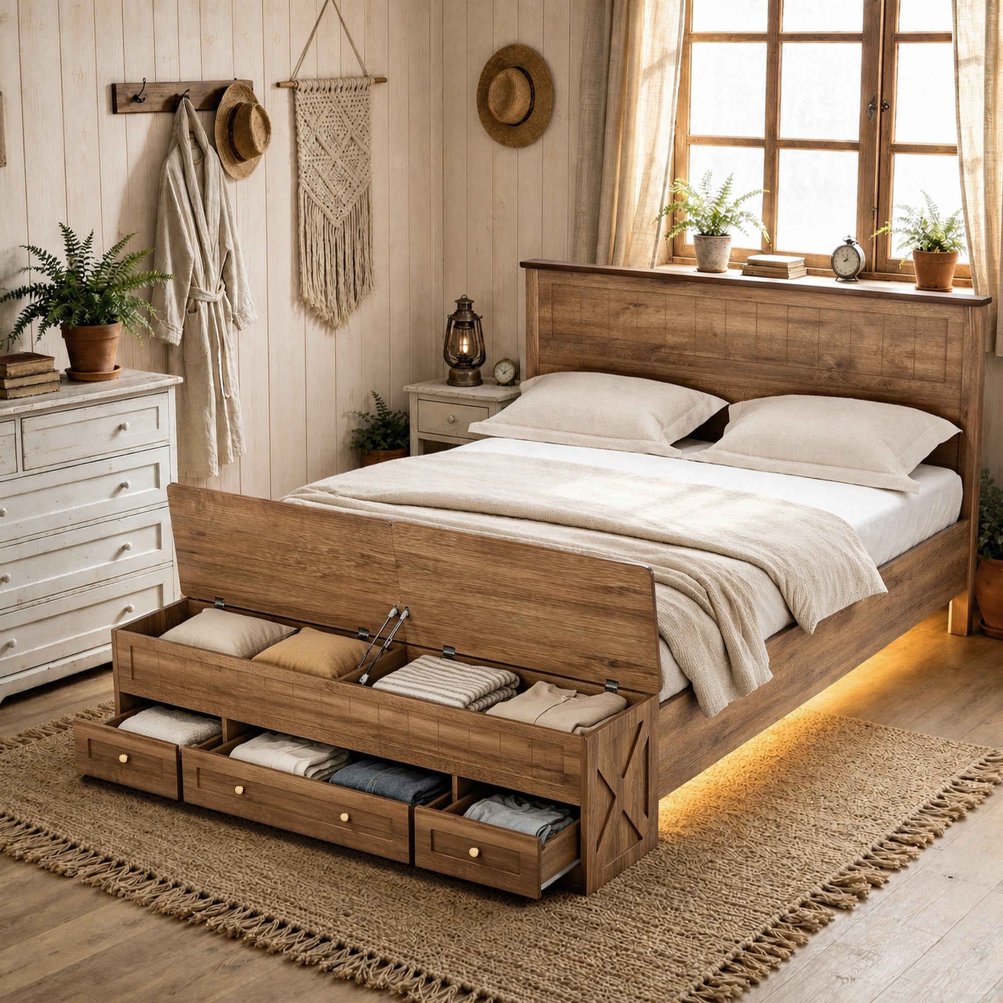 Advwin Queen Farmhouse Bed w/ Headboard & Storage Bench
