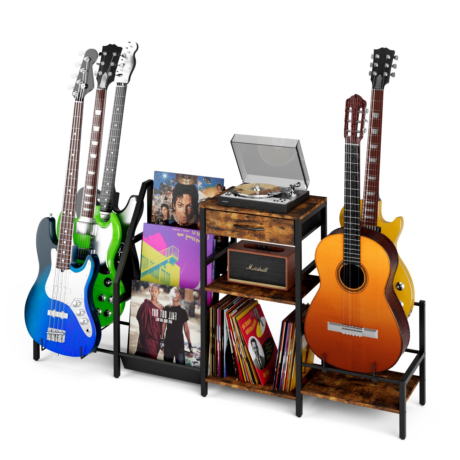 Music-themed room decor with guitars, records, and a turntable on a white background