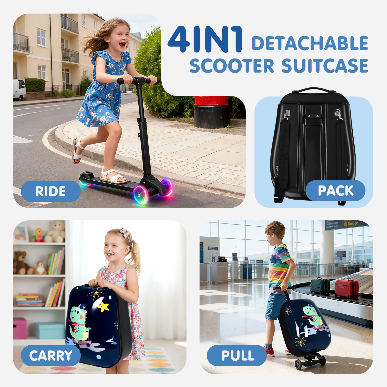 4-in-1 detachable scooter suitcase with children using it in different settings.
