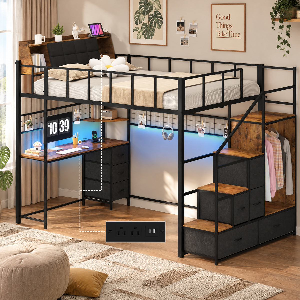 Advwin Loft Bed with Storage Headboard & Power Outlets