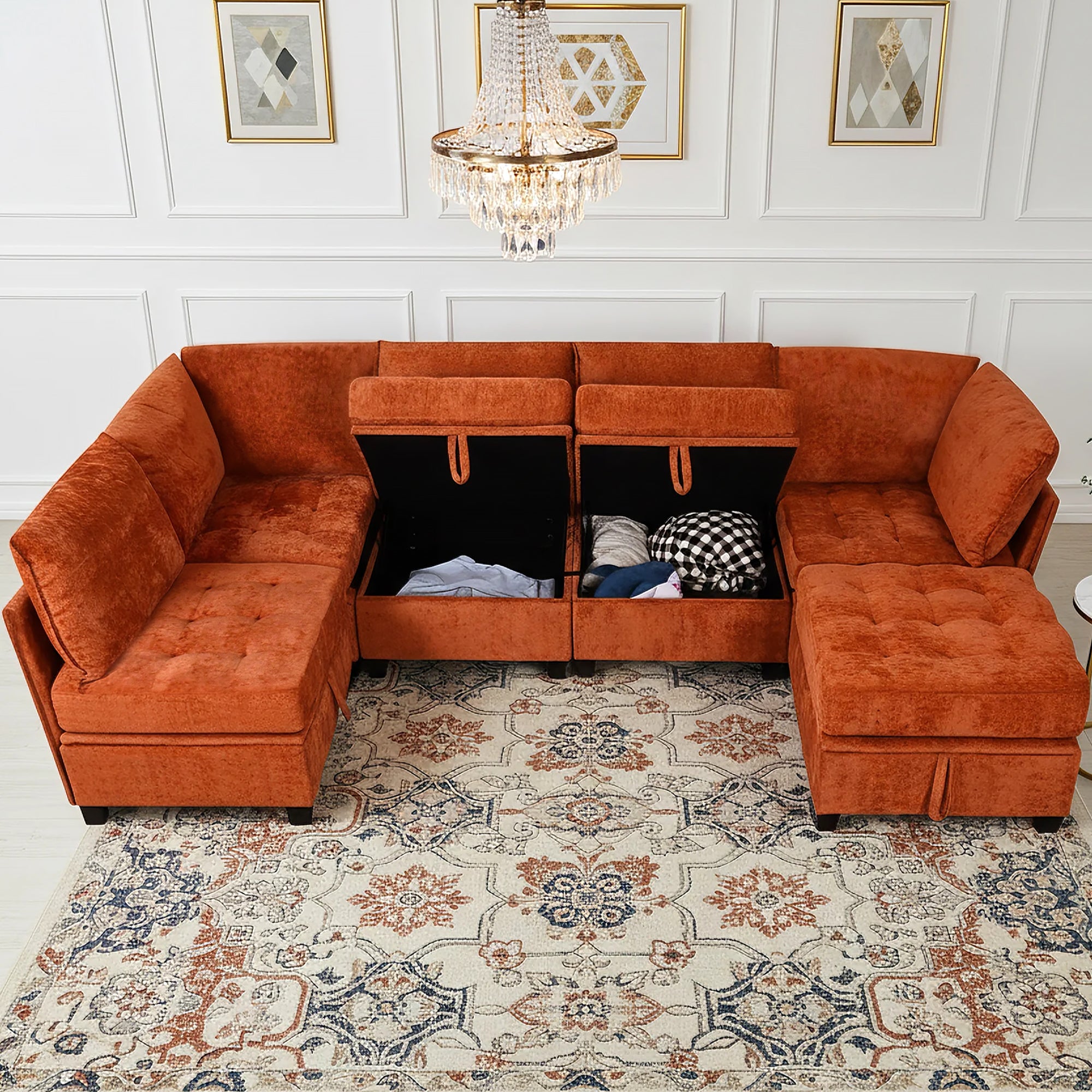 Orange sectional sofa with storage compartments in a stylish living room.