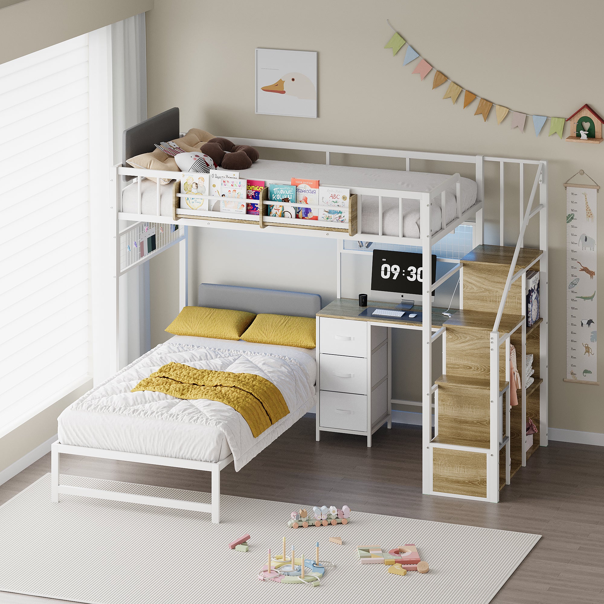 Children's bedroom with a white loft bed, desk, and stairs.