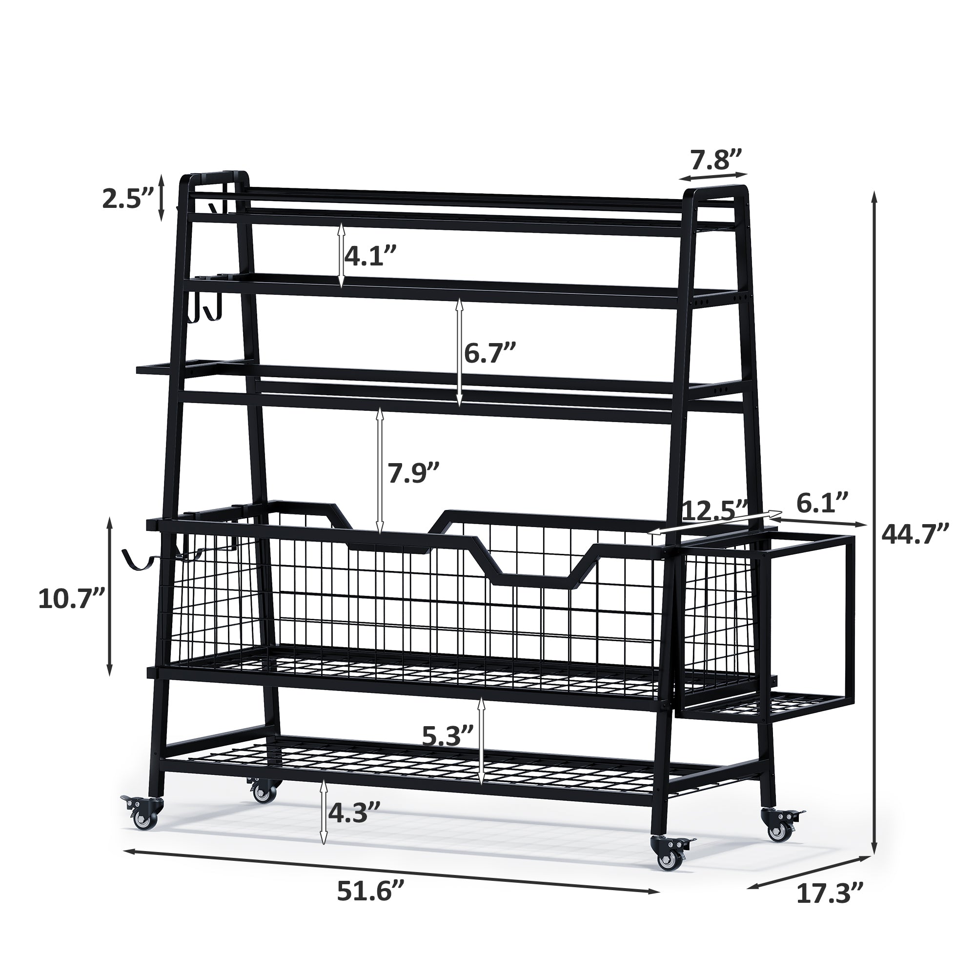 Black metal shelving unit with dimensions labeled on a white background