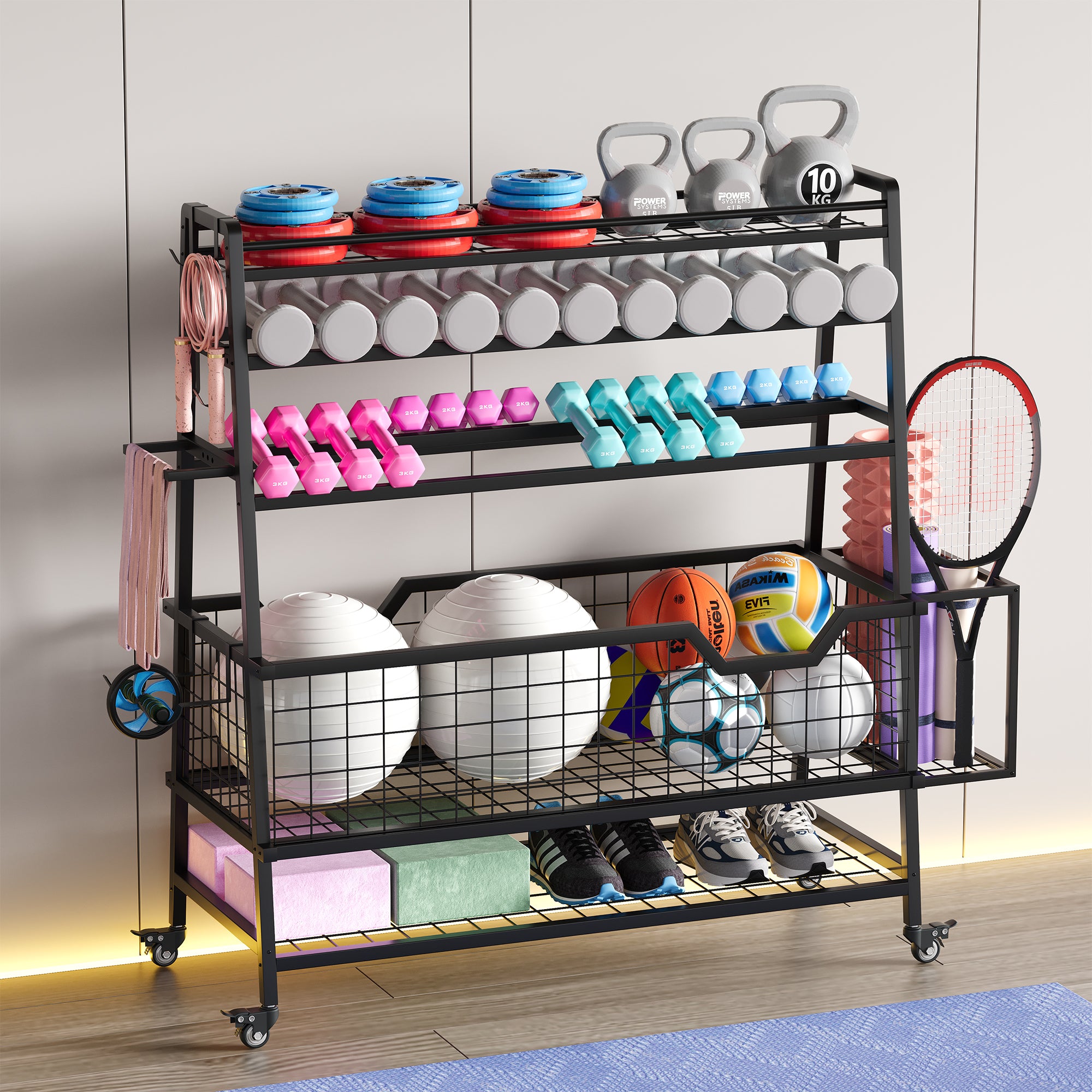 Multifunctional exercise equipment storage rack with various fitness items on a wooden floor.