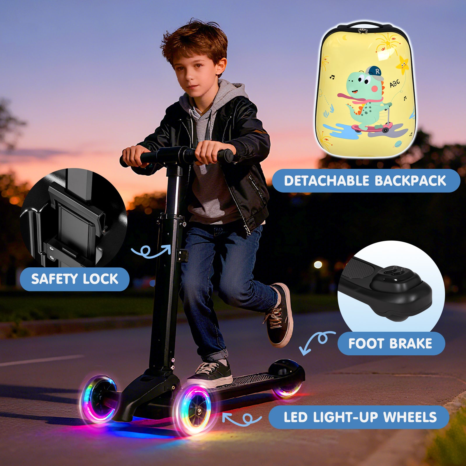 Child riding a scooter with features highlighted, including LED light-up wheels, detachable backpack, safety lock, and foot brake.