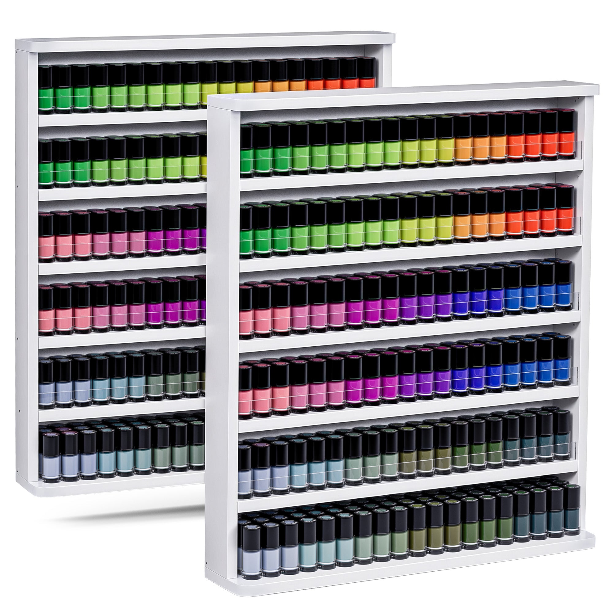 White nail polish storage rack with a wide selection of colorful nail polishes.
