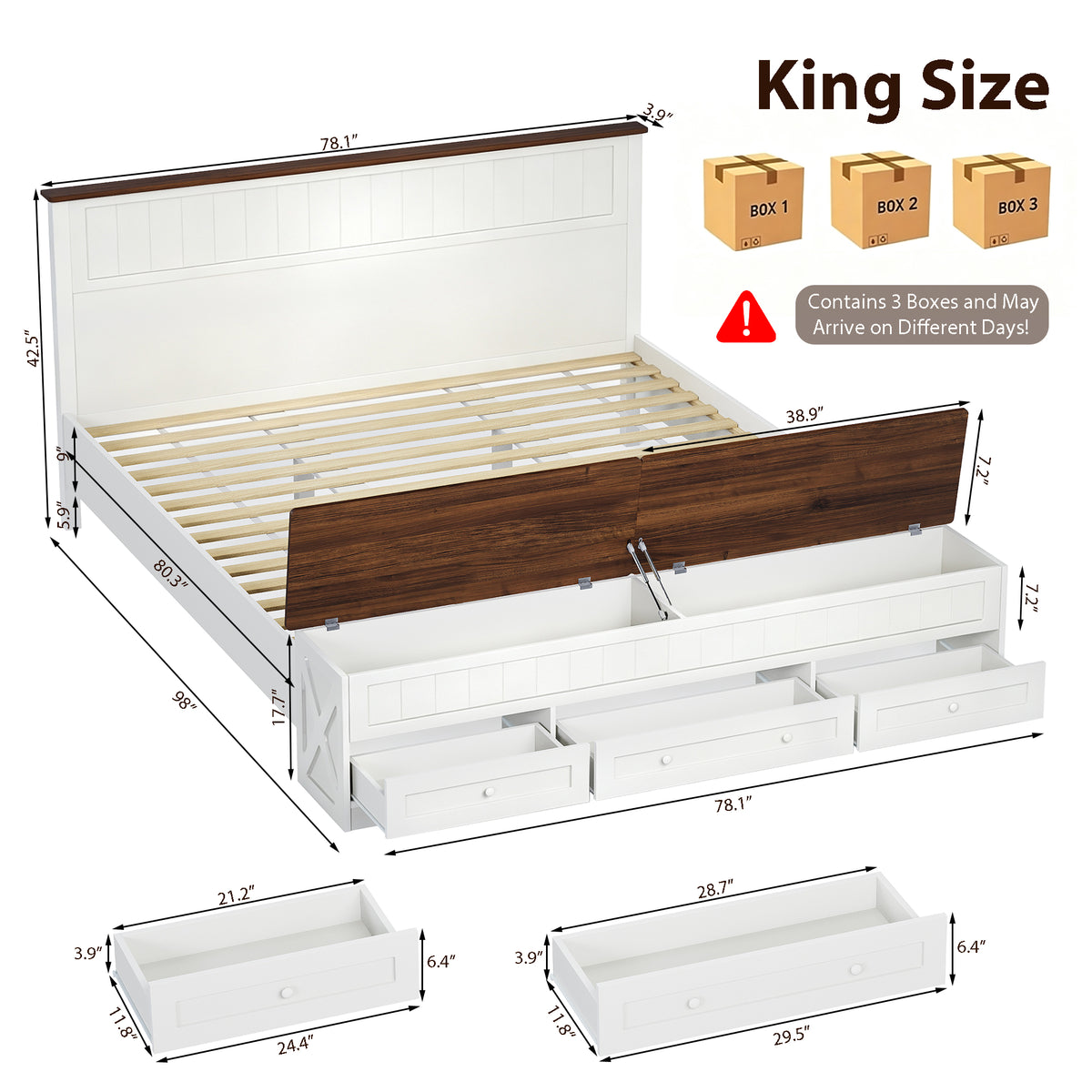 Advwin Queen Farmhouse Bed w/ Headboard & Storage Bench