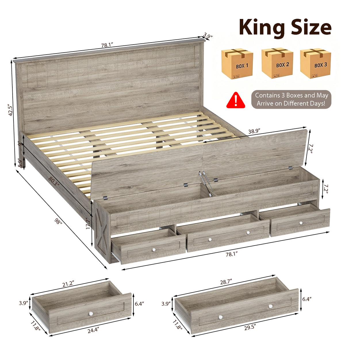 Advwin Queen Farmhouse Bed w/ Headboard & Storage Bench