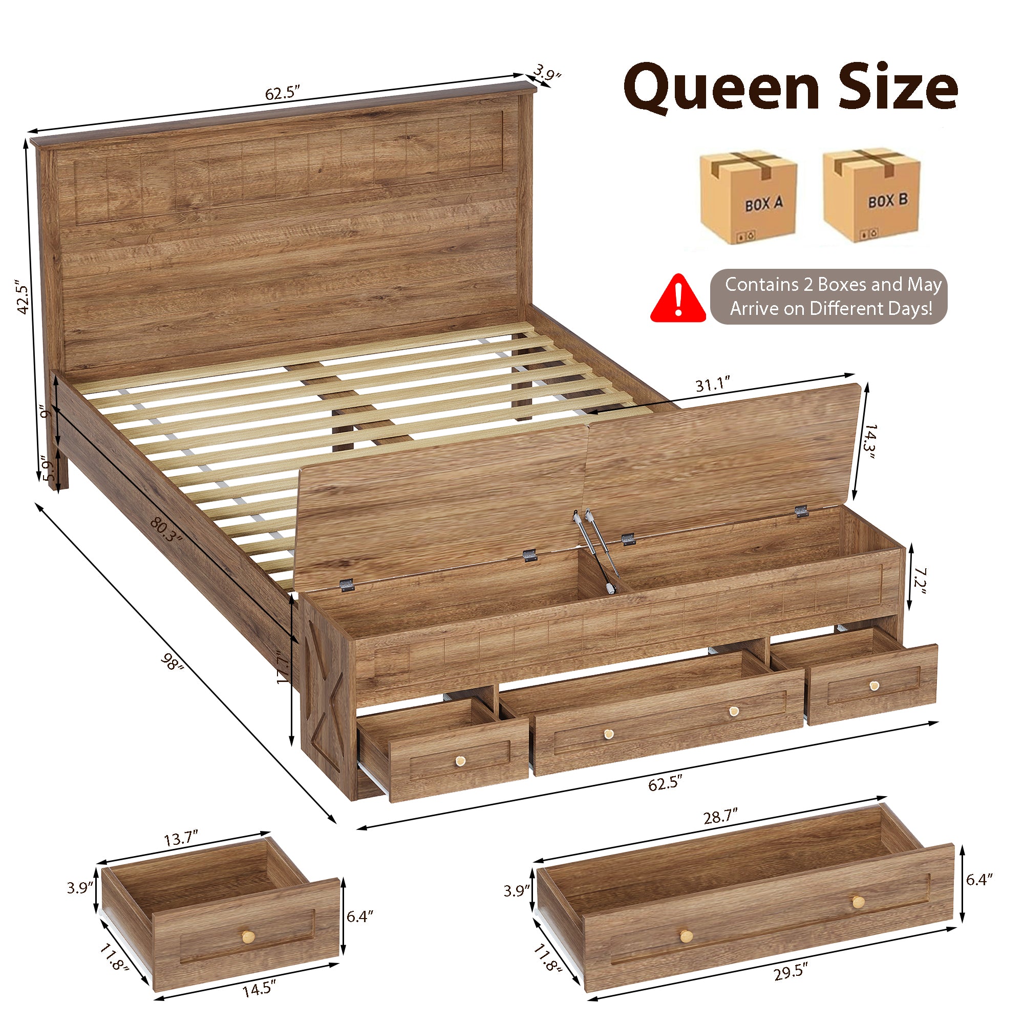 Advwin Queen Farmhouse Bed w/ Headboard & Storage Bench