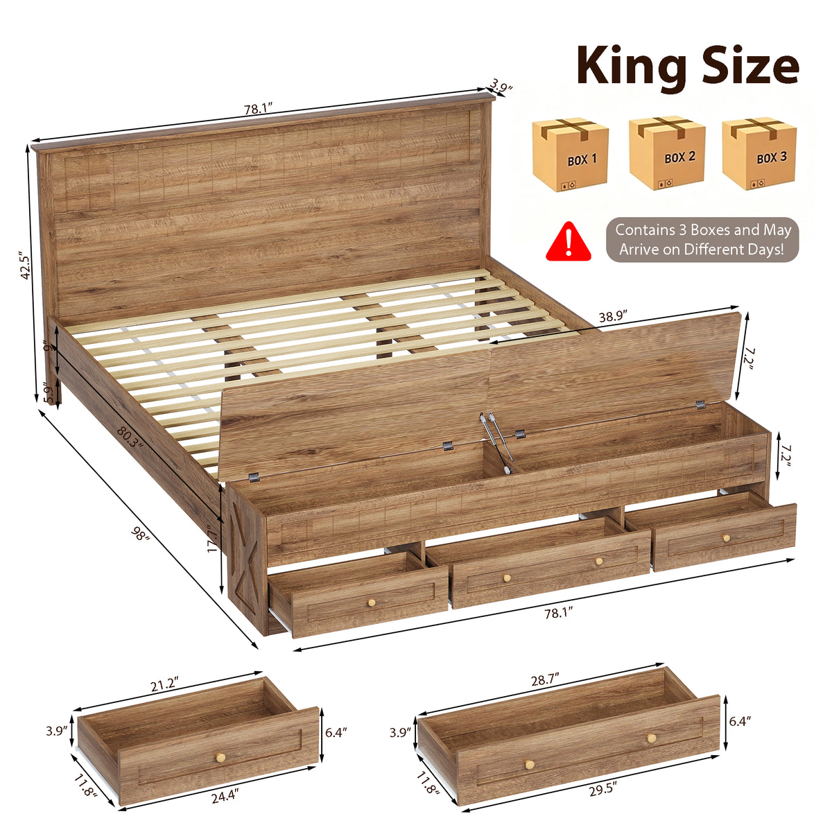 Advwin Queen Farmhouse Bed w/ Headboard & Storage Bench