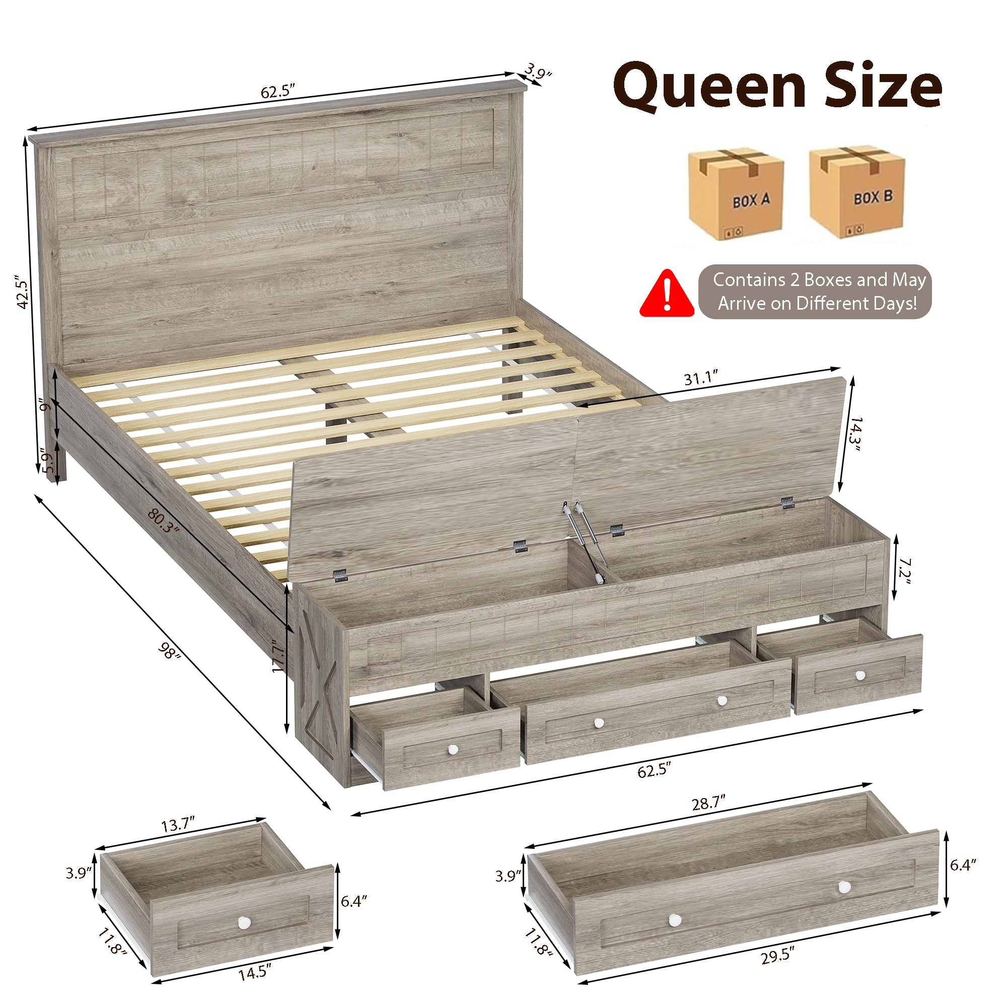 Advwin Queen Farmhouse Bed w/ Headboard & Storage Bench