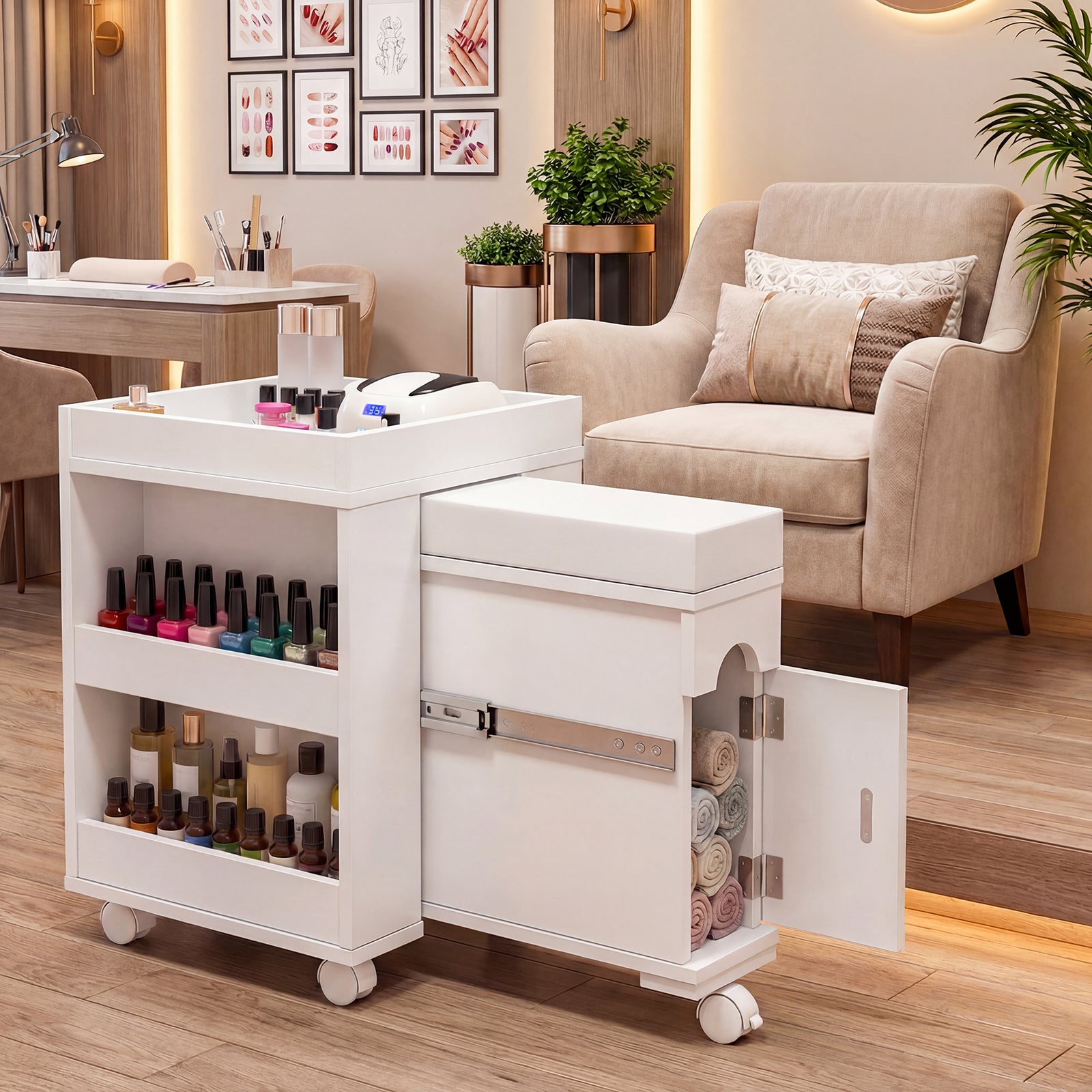 Nail salon setup with a white rolling cart filled with nail polish bottles, a beige armchair, and decor elements.