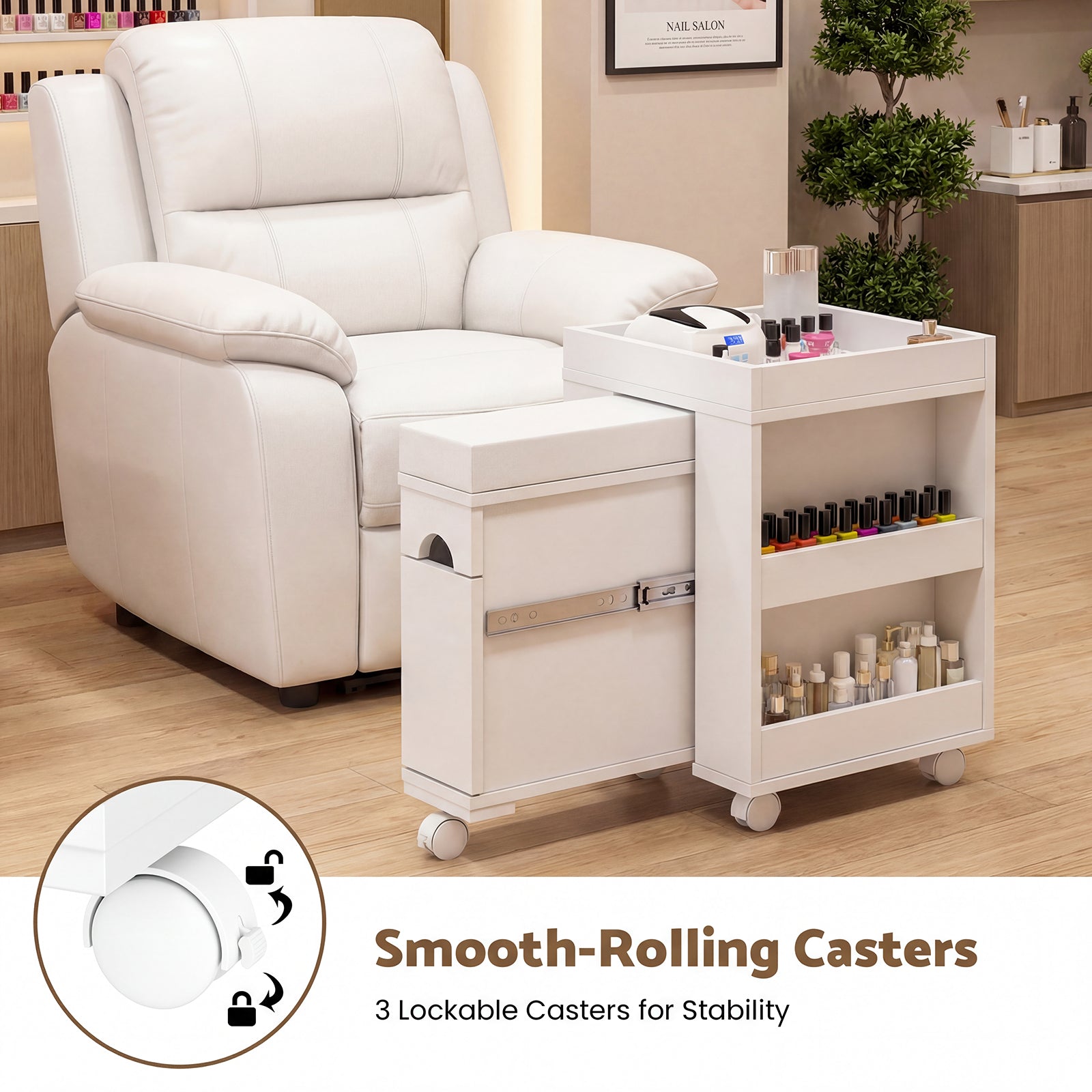White nail station cart with lockable casters next to a white recliner chair in a salon setting.