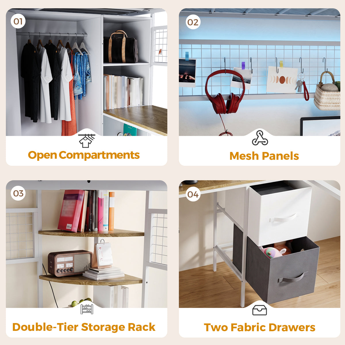 Advwin Space-Saving Loft Bed with LED Light & Drawers