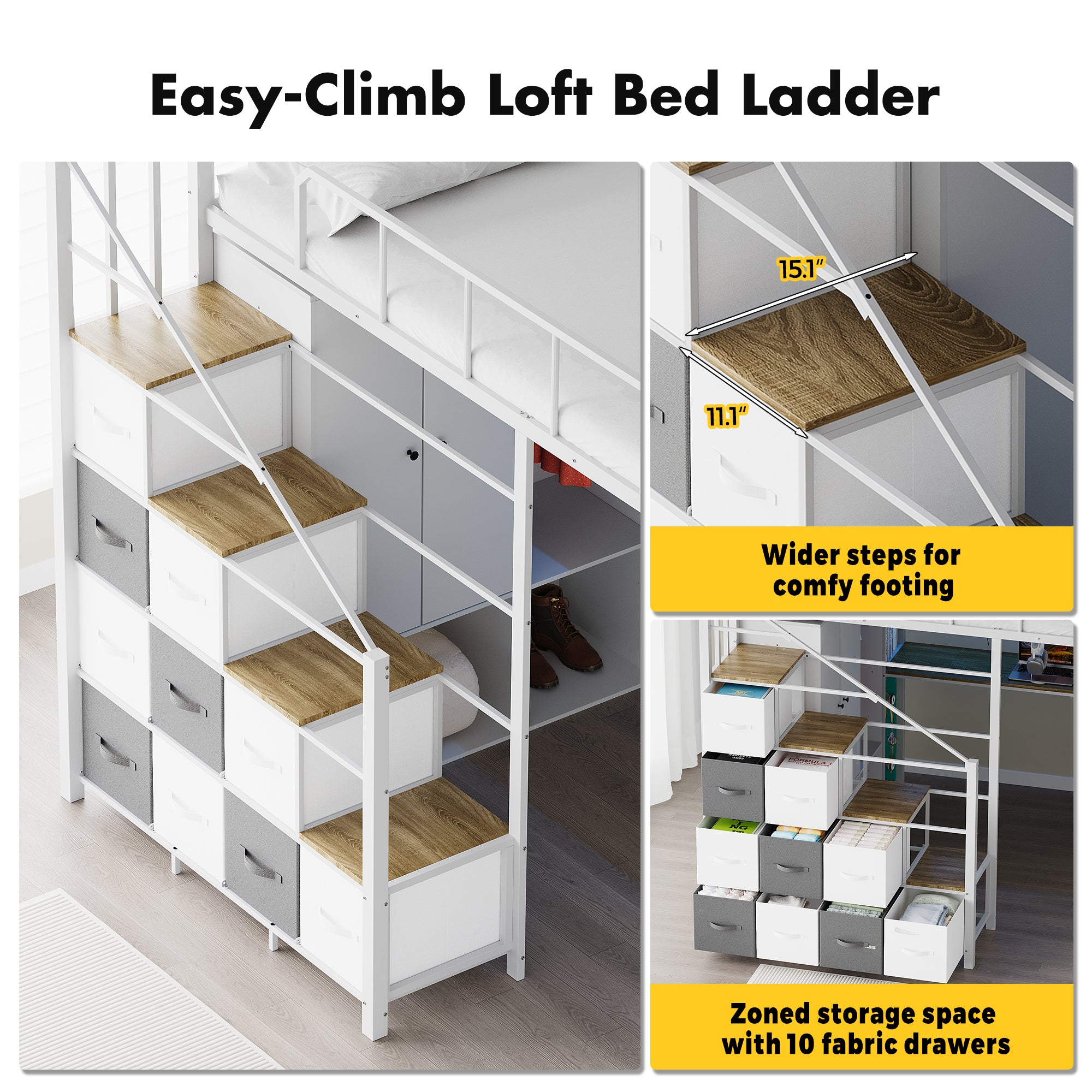 Advwin Space-Saving Loft Bed with LED Light & Drawers