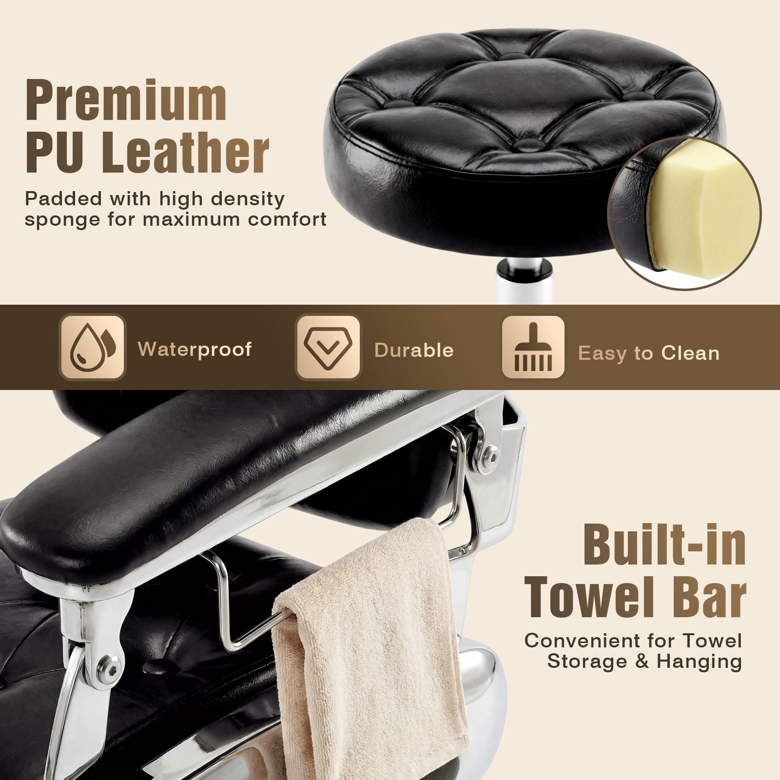 Black leather stool with built-in towel bar on a beige background