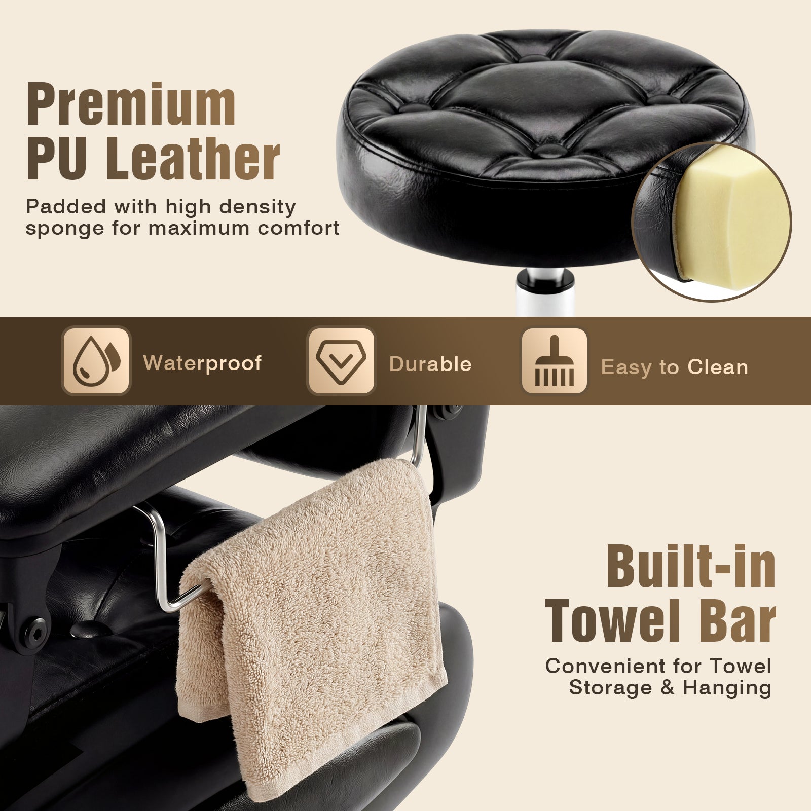 Black leather seat with built-in towel bar and features highlighted on a beige background