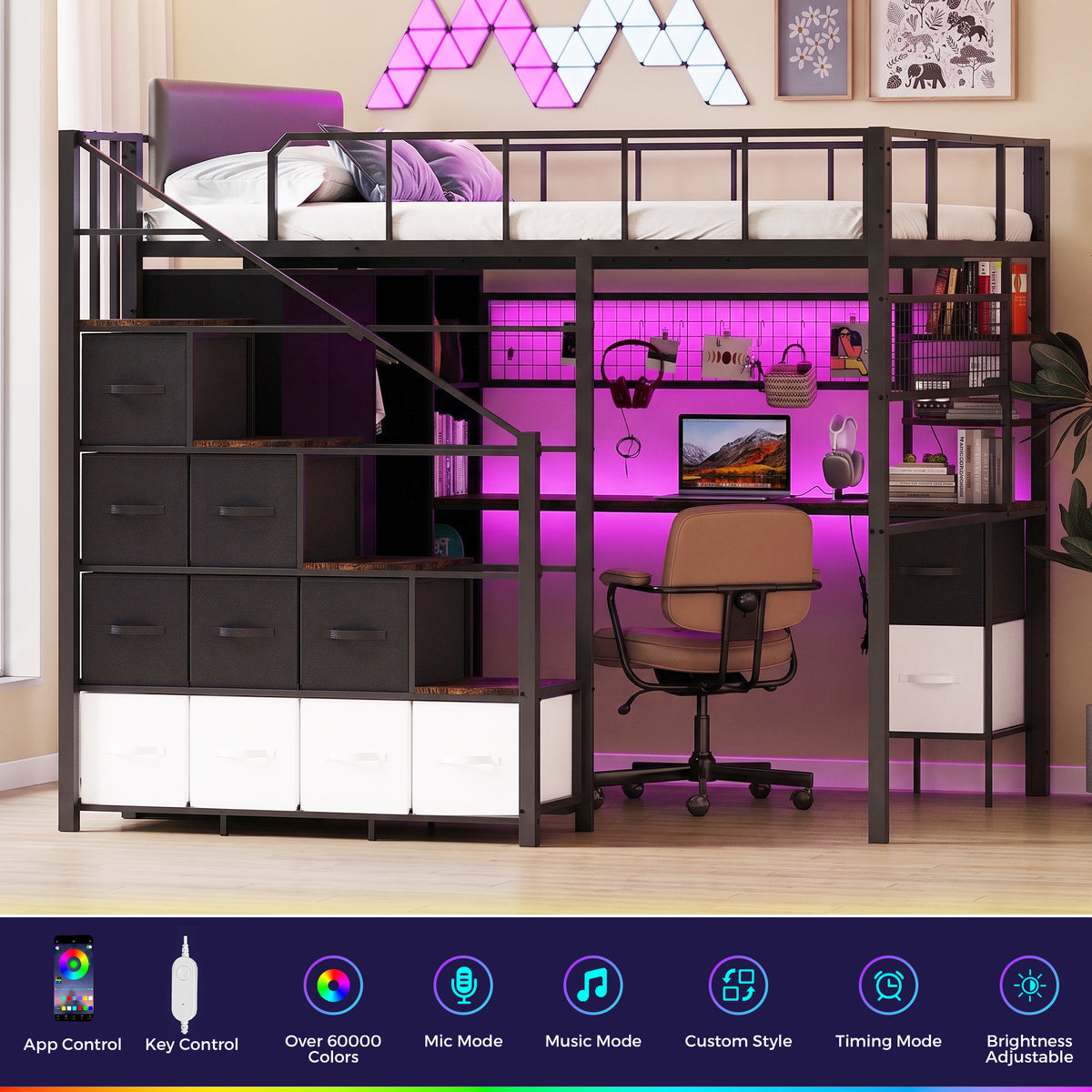 Advwin Space-Saving Loft Bed with LED Light & Drawers