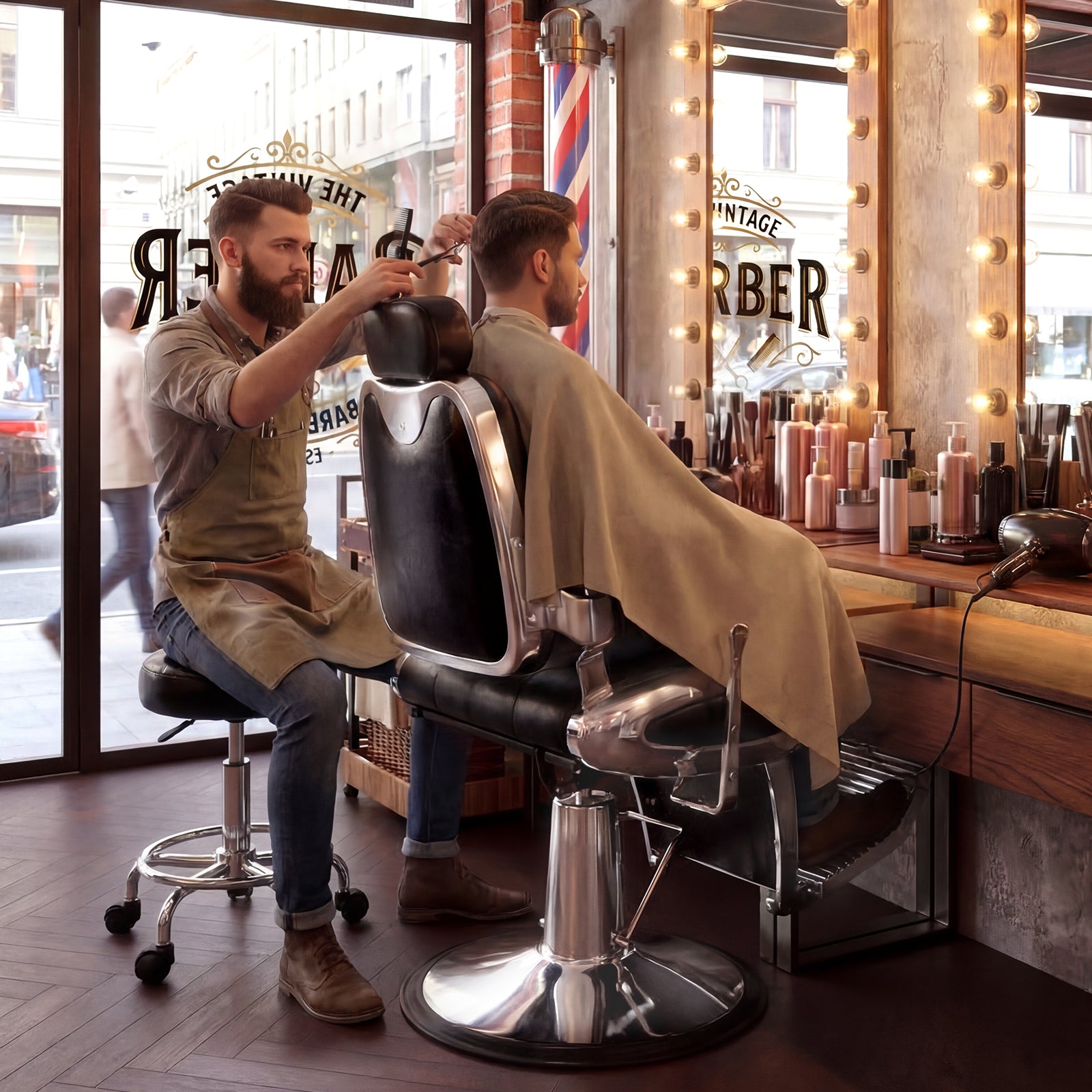 Barber cutting a customer's hair in a well-lit barber shop with vintage decor.