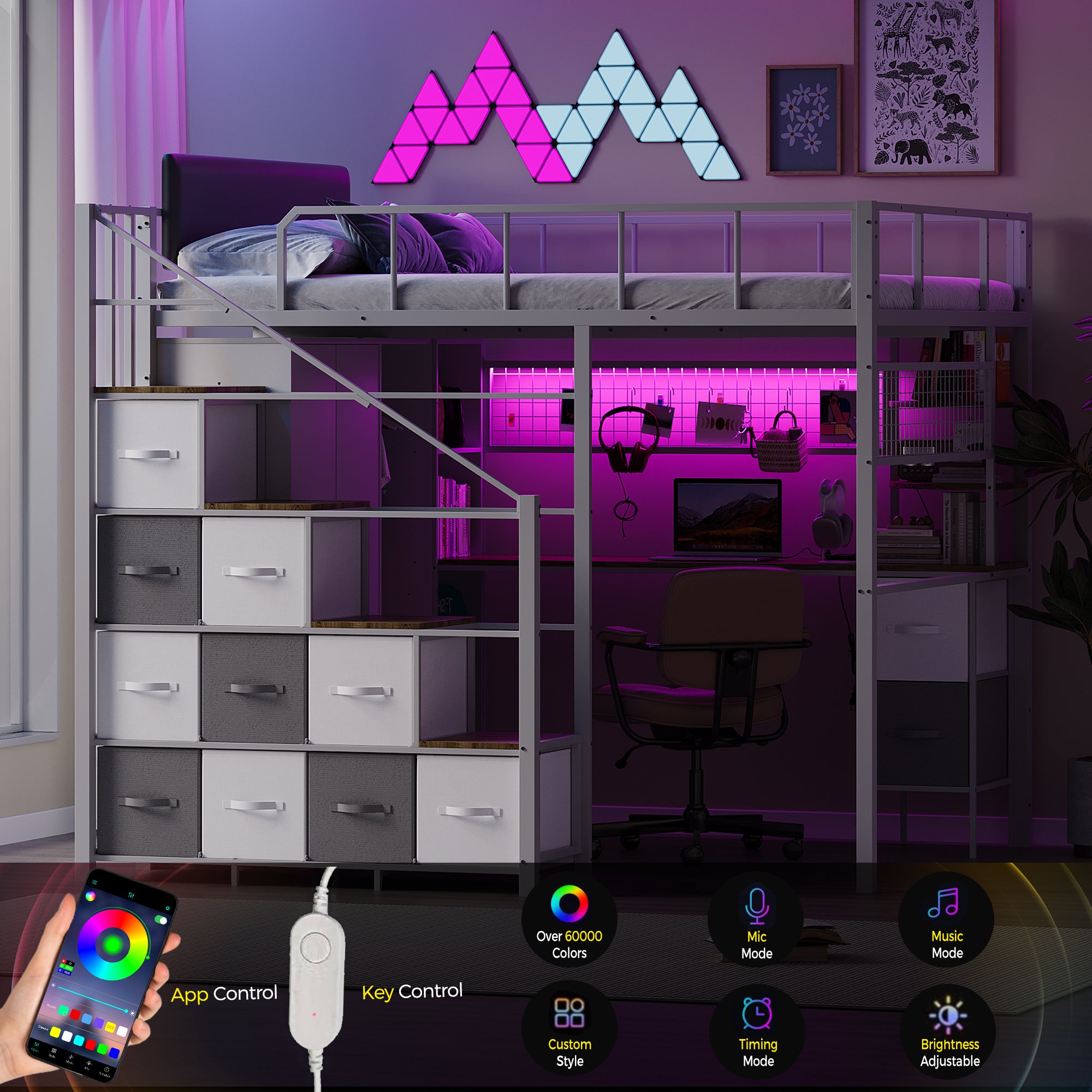 Advwin Space-Saving Loft Bed with LED Light & Drawers