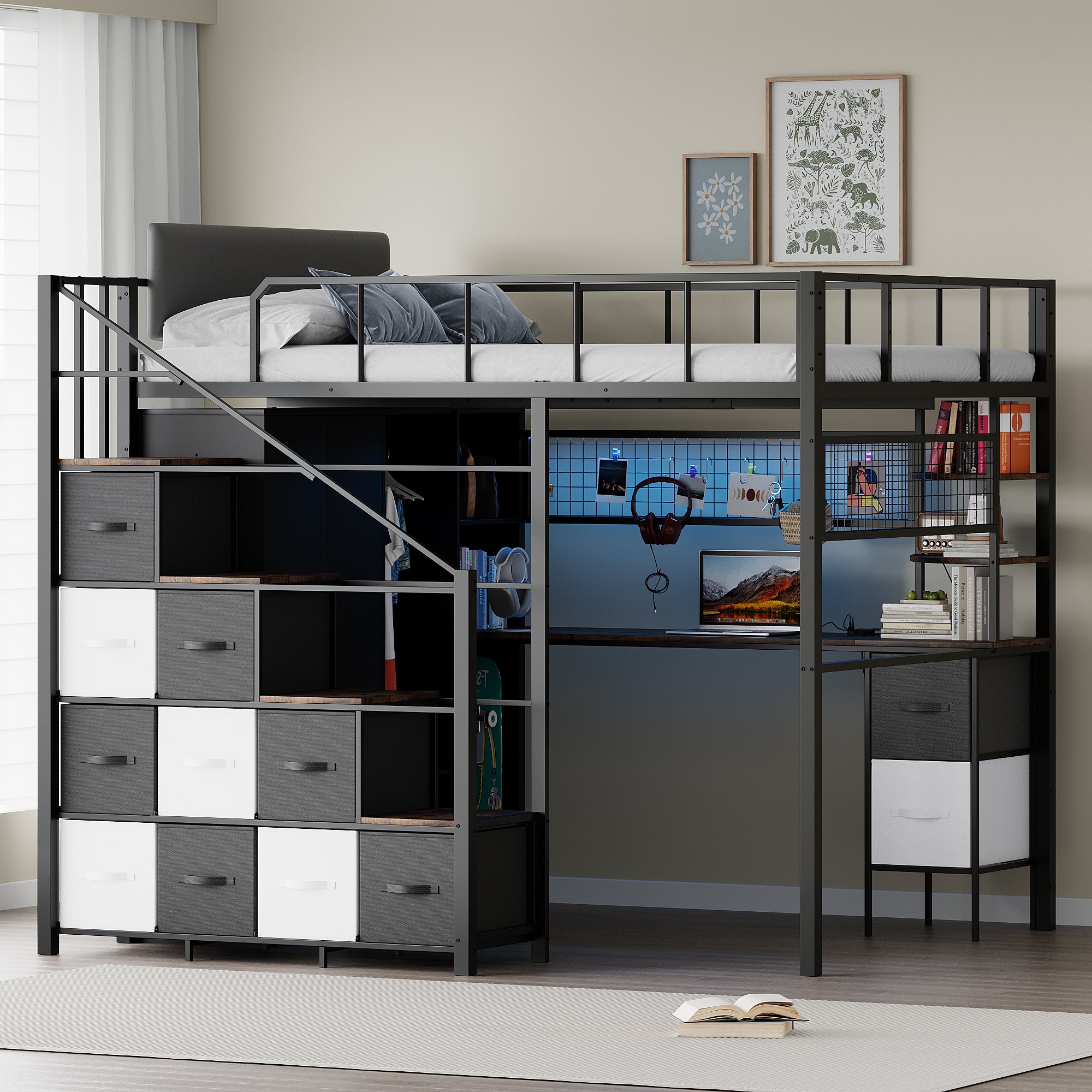 Advwin Space-Saving Loft Bed with LED Light & Drawers