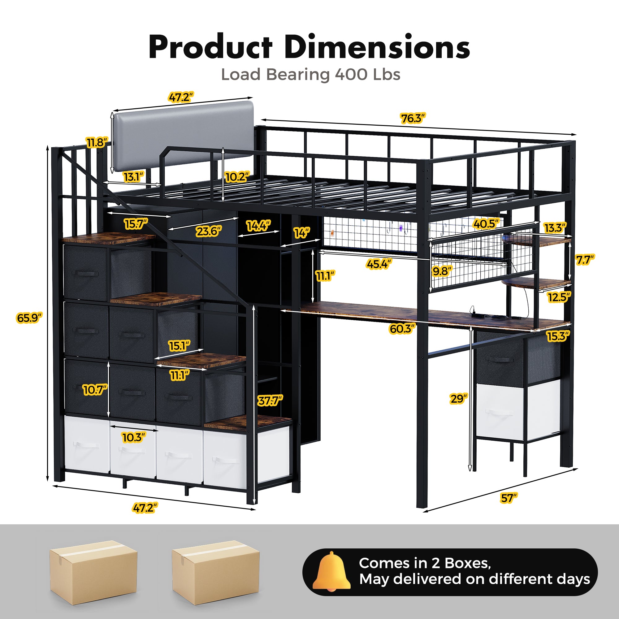 Advwin Space-Saving Loft Bed with LED Light & Drawers