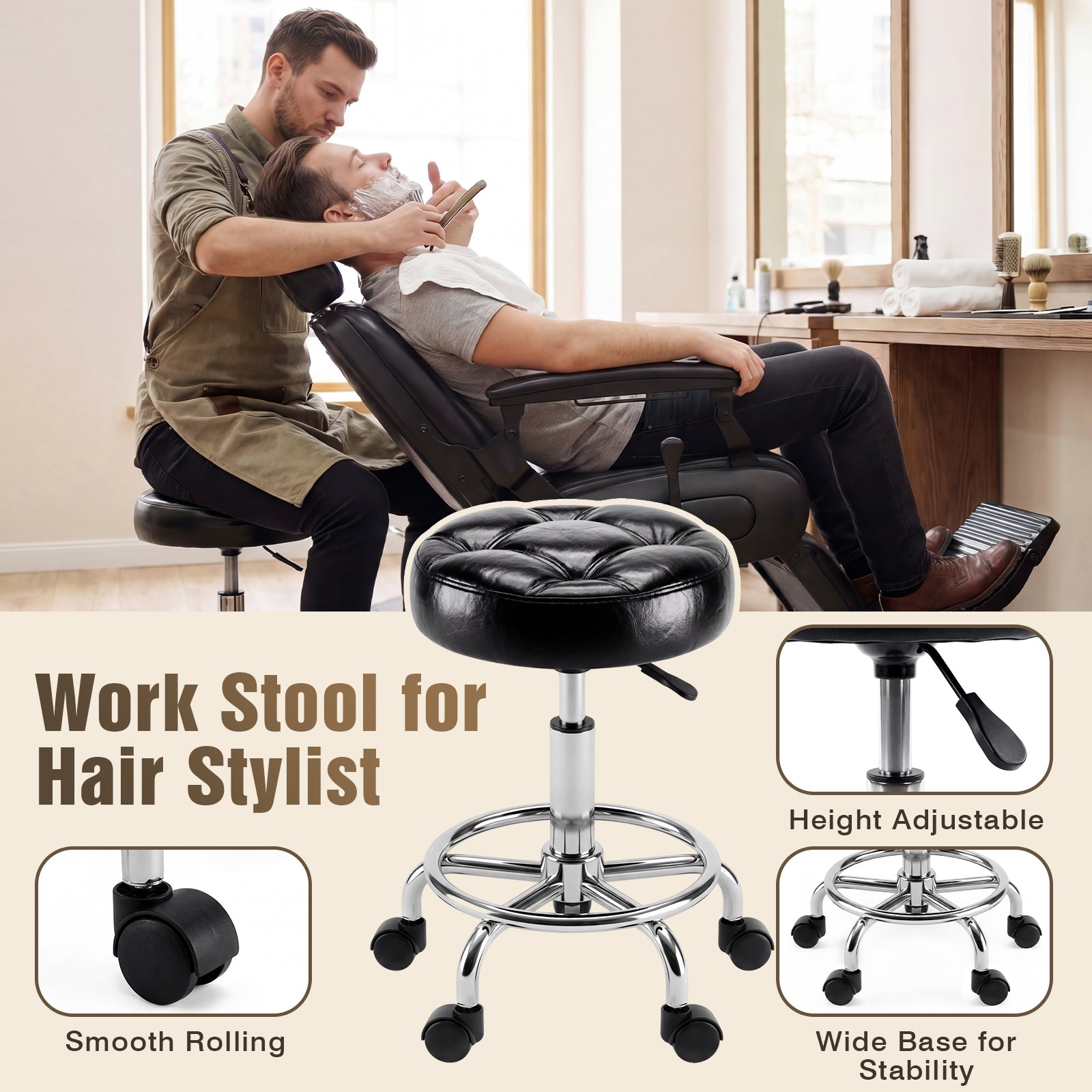 Hair stylist using a black leather stool with height adjustment features in a salon setting.