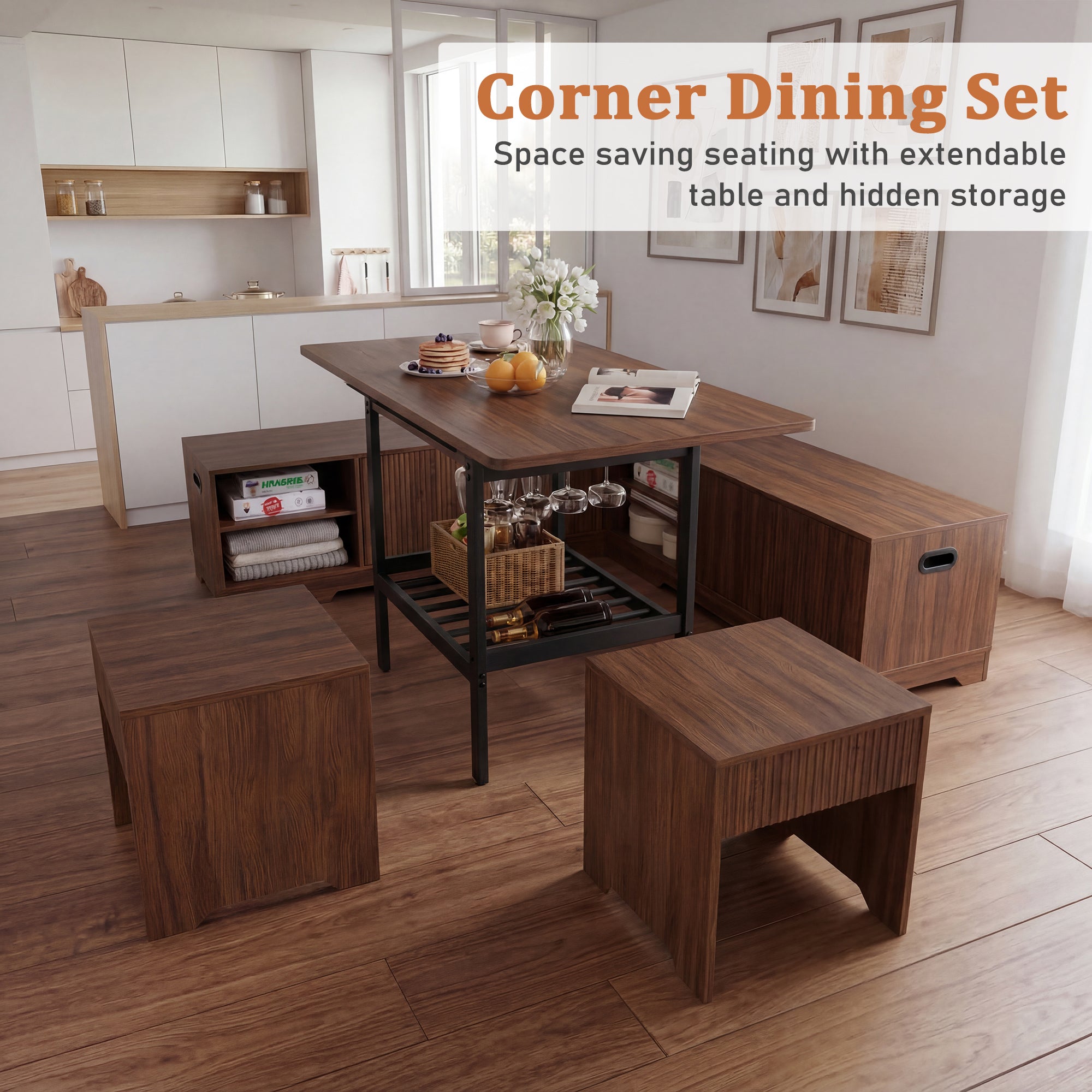 Wooden corner dining set with extendable table and hidden storage in a modern kitchen.