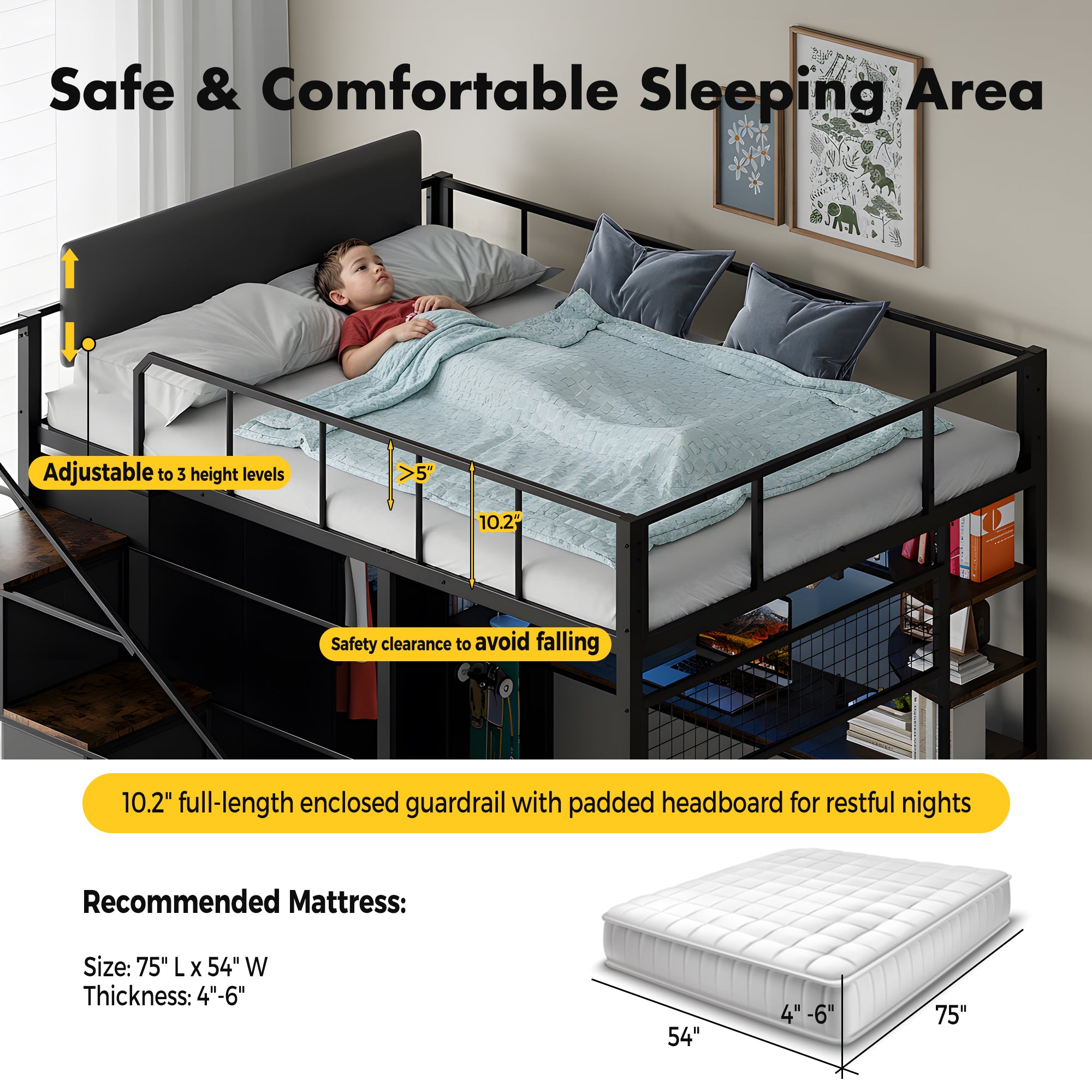 Advwin Space-Saving Loft Bed with LED Light & Drawers