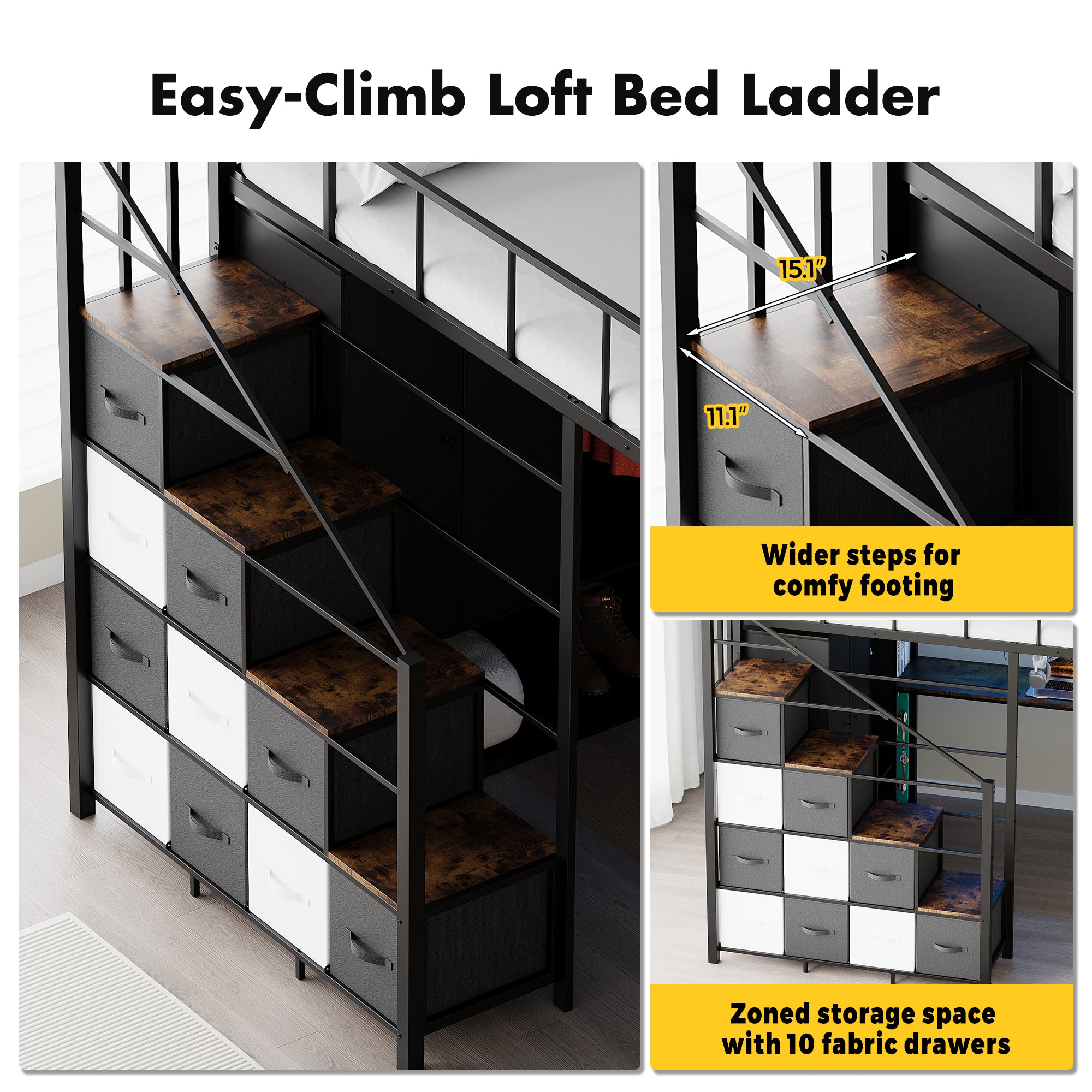 Advwin Space-Saving Loft Bed with LED Light & Drawers