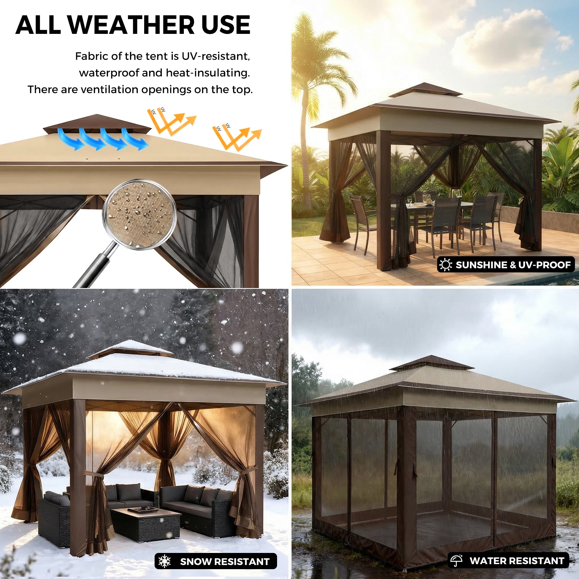 Gazebo with various weather resistance features and outdoor setting.