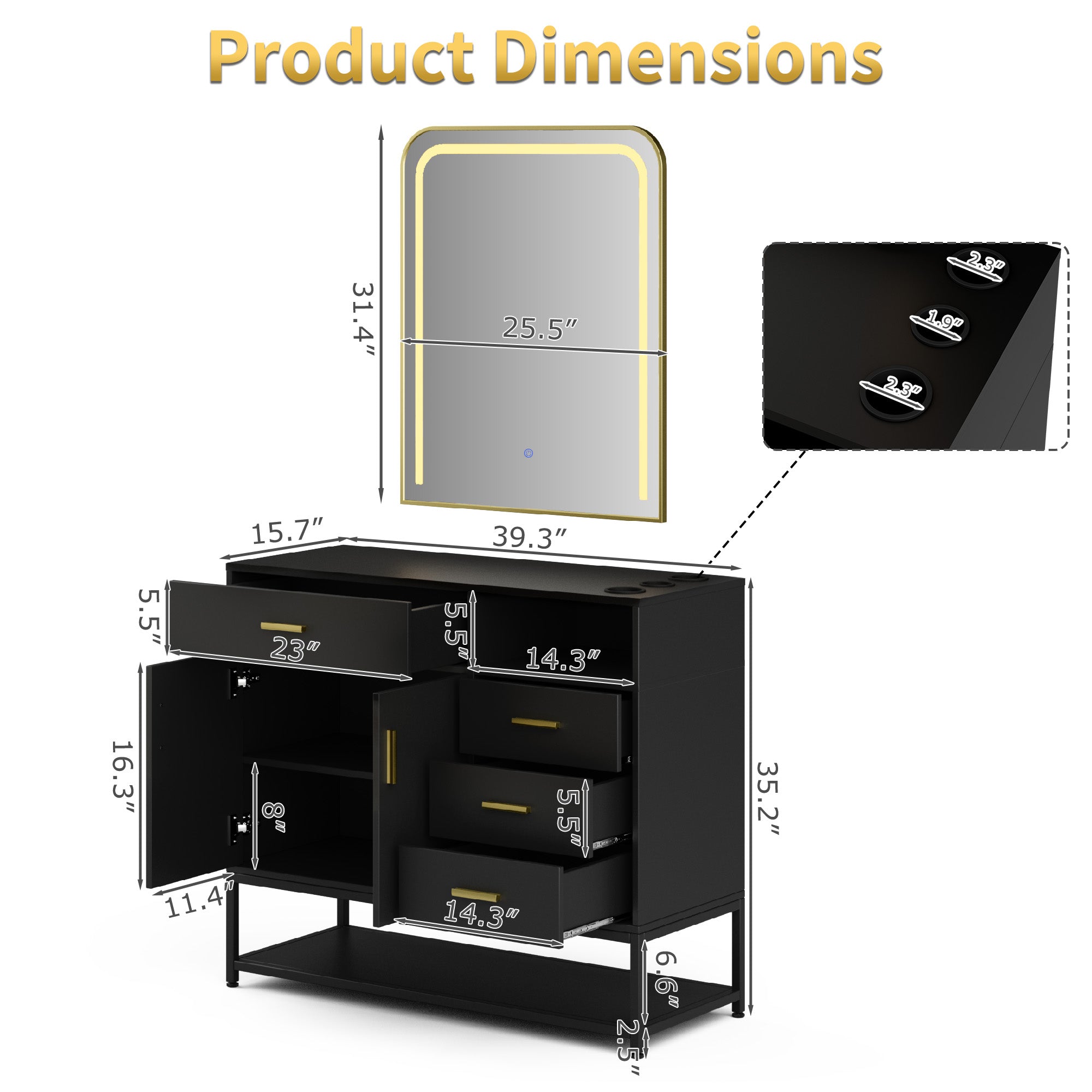Black dresser with dimensions labeled on a white background