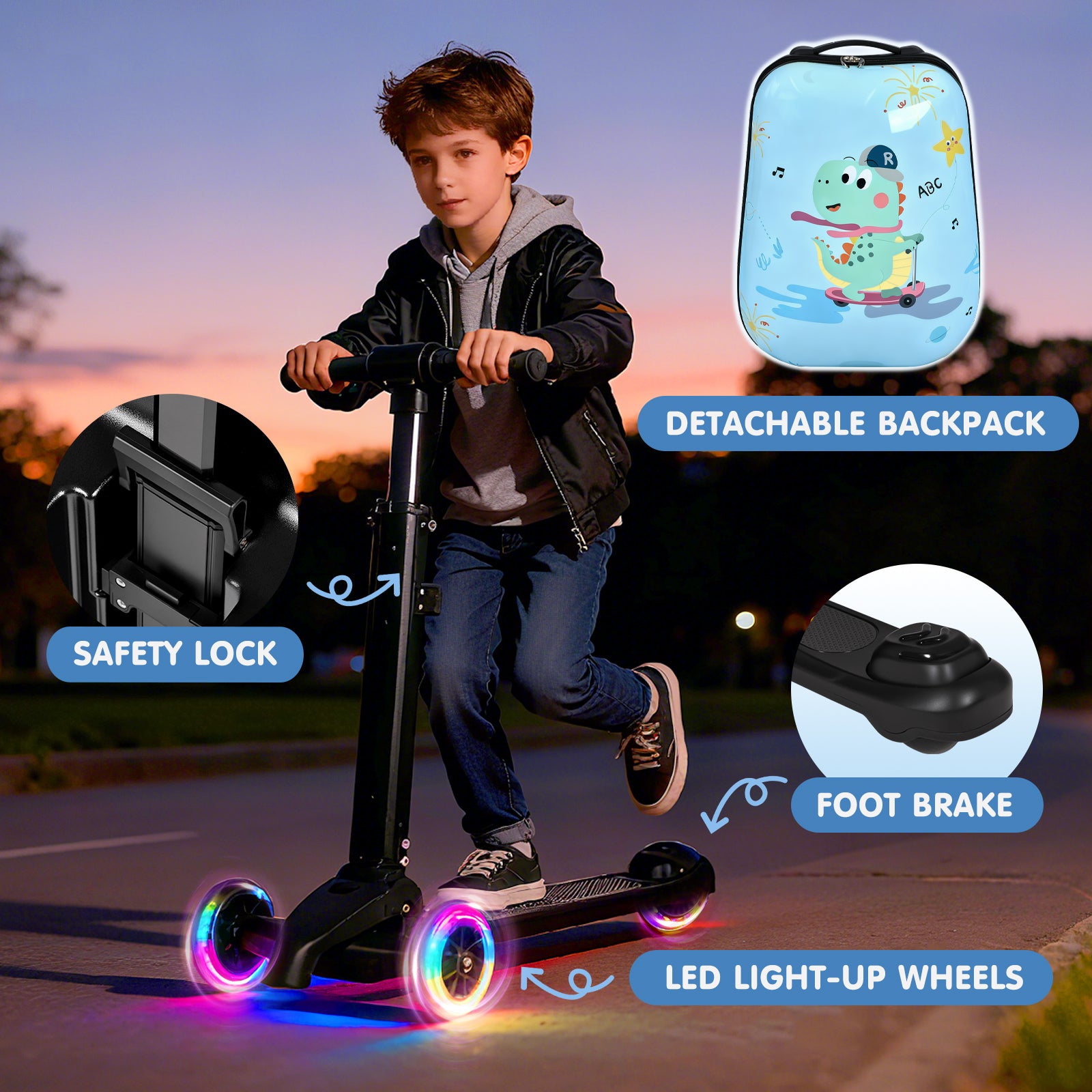 Child riding a scooter with features highlighted, including LED light-up wheels, detachable backpack, safety lock, and foot brake.