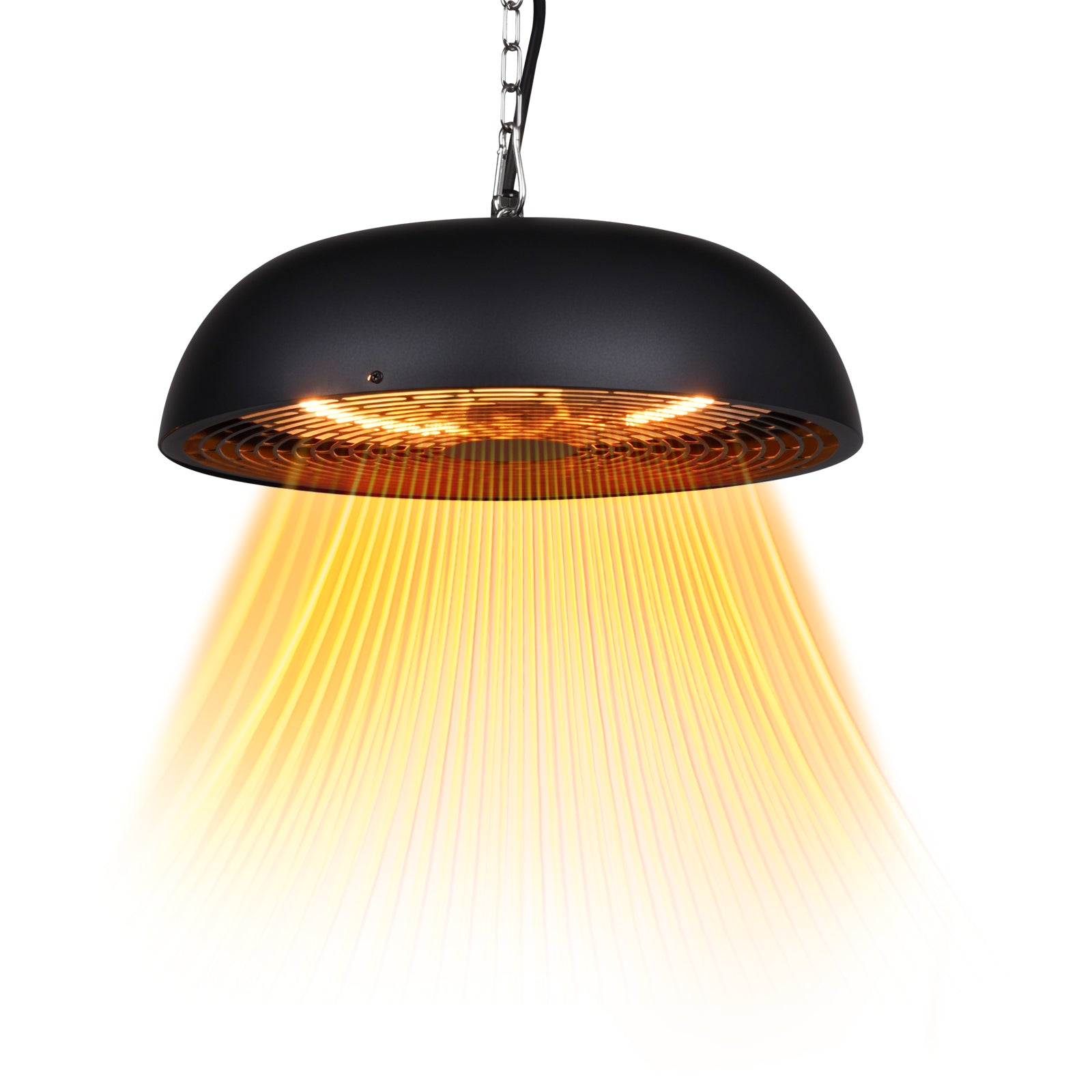 Black pendant light with a warm glow on a white background
