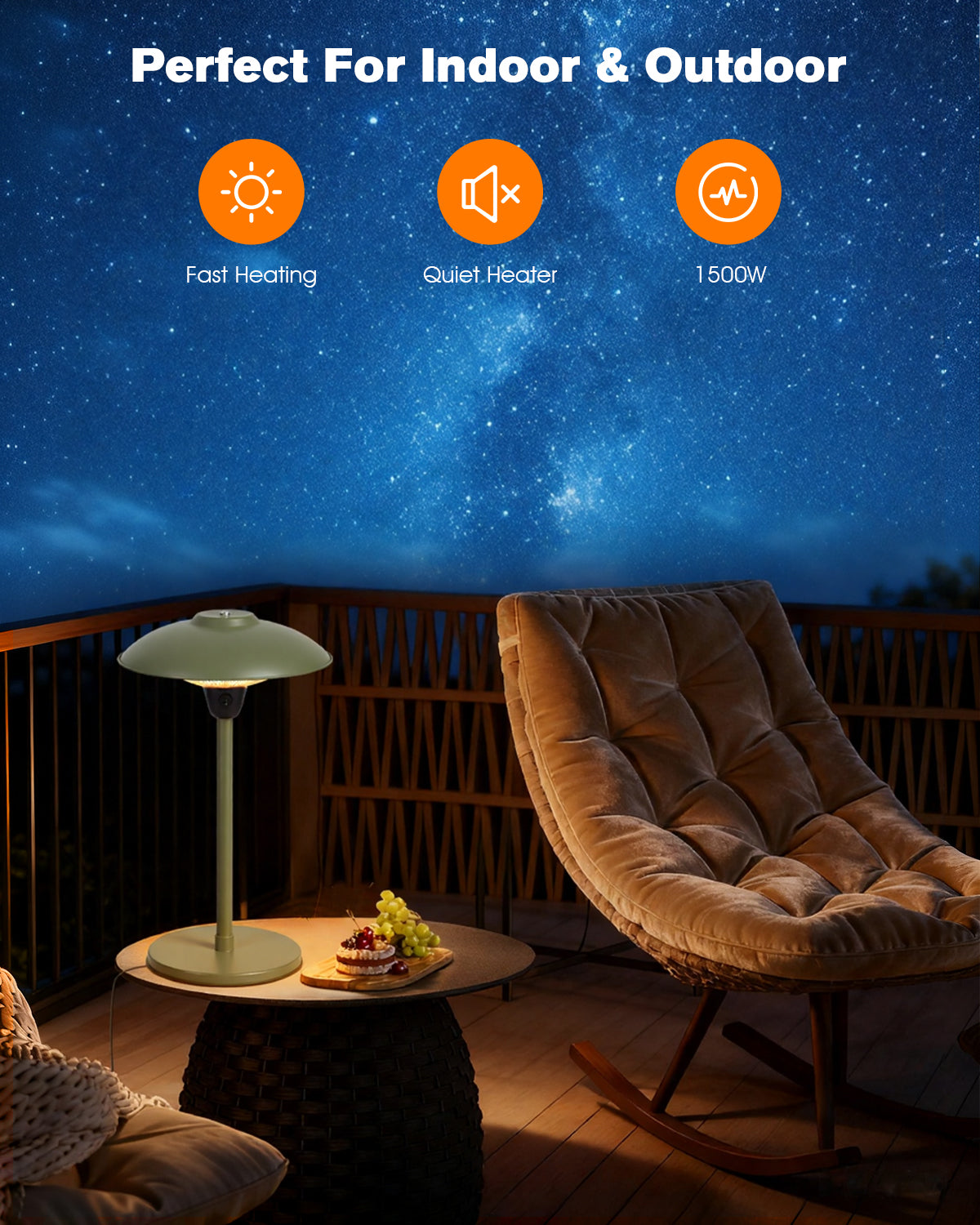 Outdoor setting with a table lamp and chair, featuring text about product features.