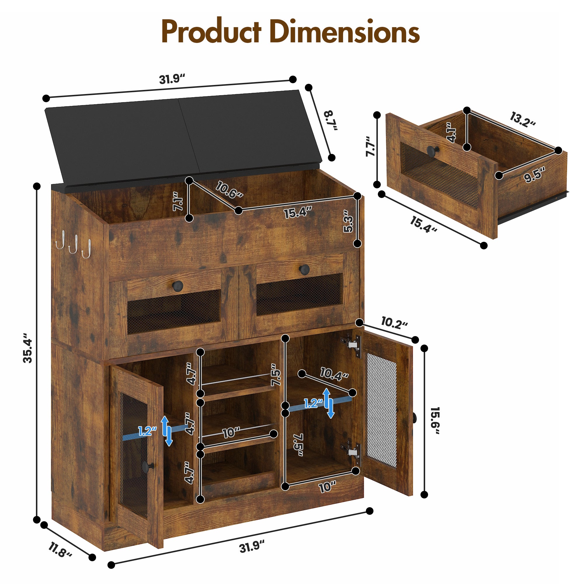 Wooden storage cabinet with dimensions labeled on a white background