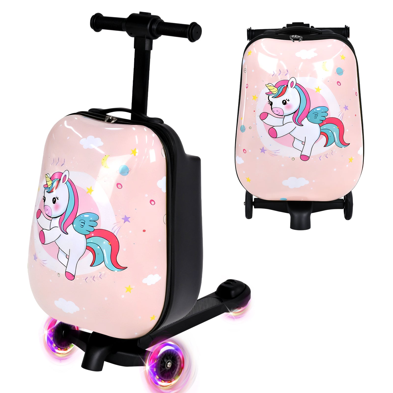 Pink suitcase with unicorn design and scooter attachment on a white background